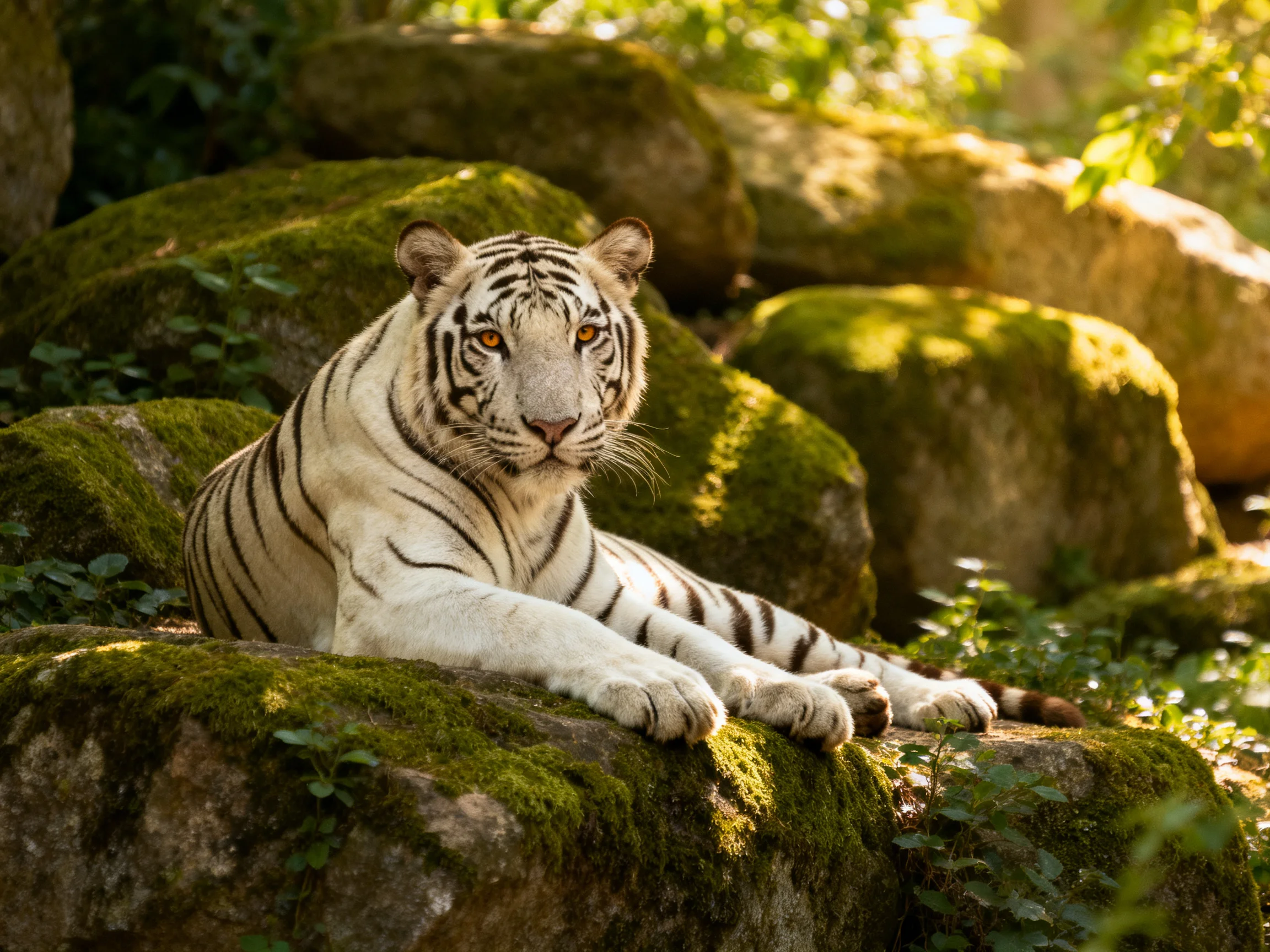A white tiger relaxes on moss-covered rocks in a sunlit natural setting.