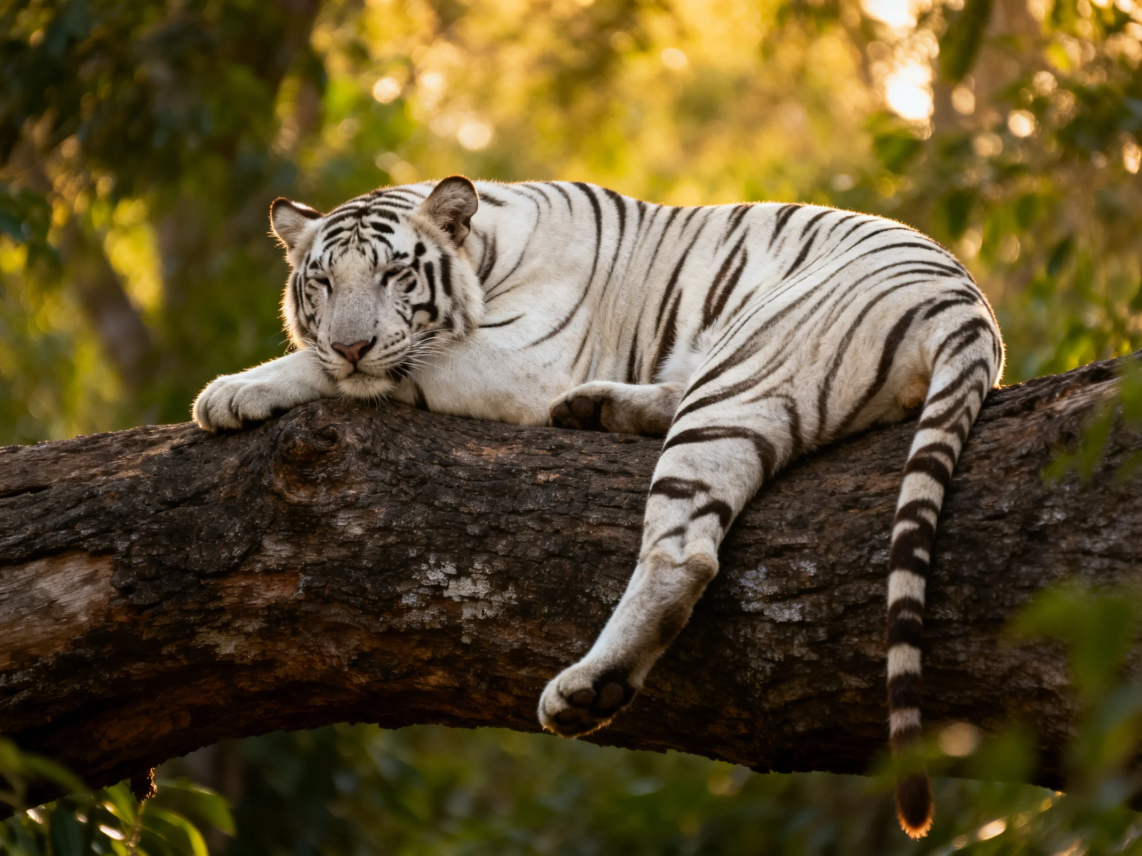 A white tiger rests on a large tree branch.