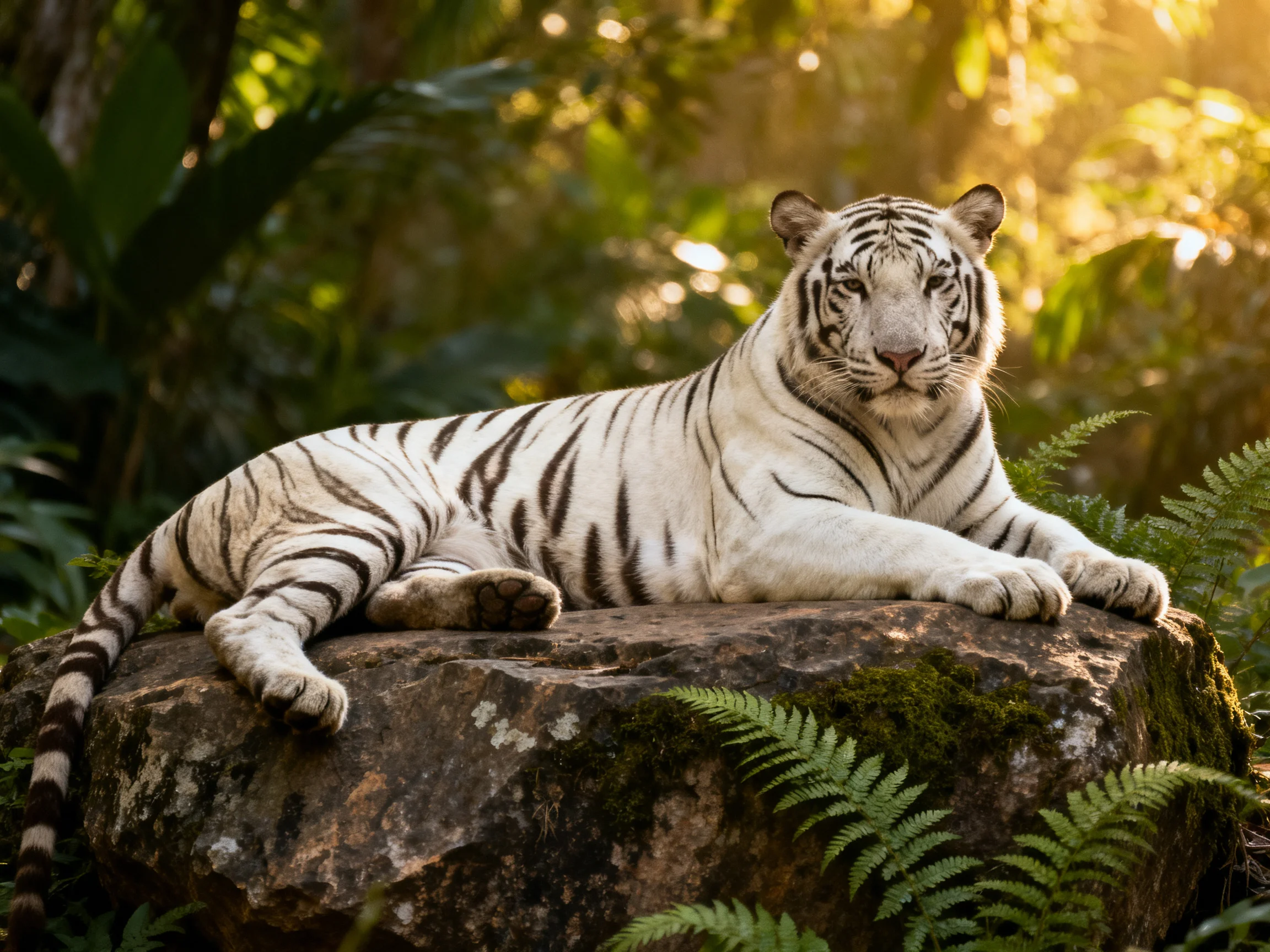 A white tiger rests on a mossy rock in a sunlit jungle.
