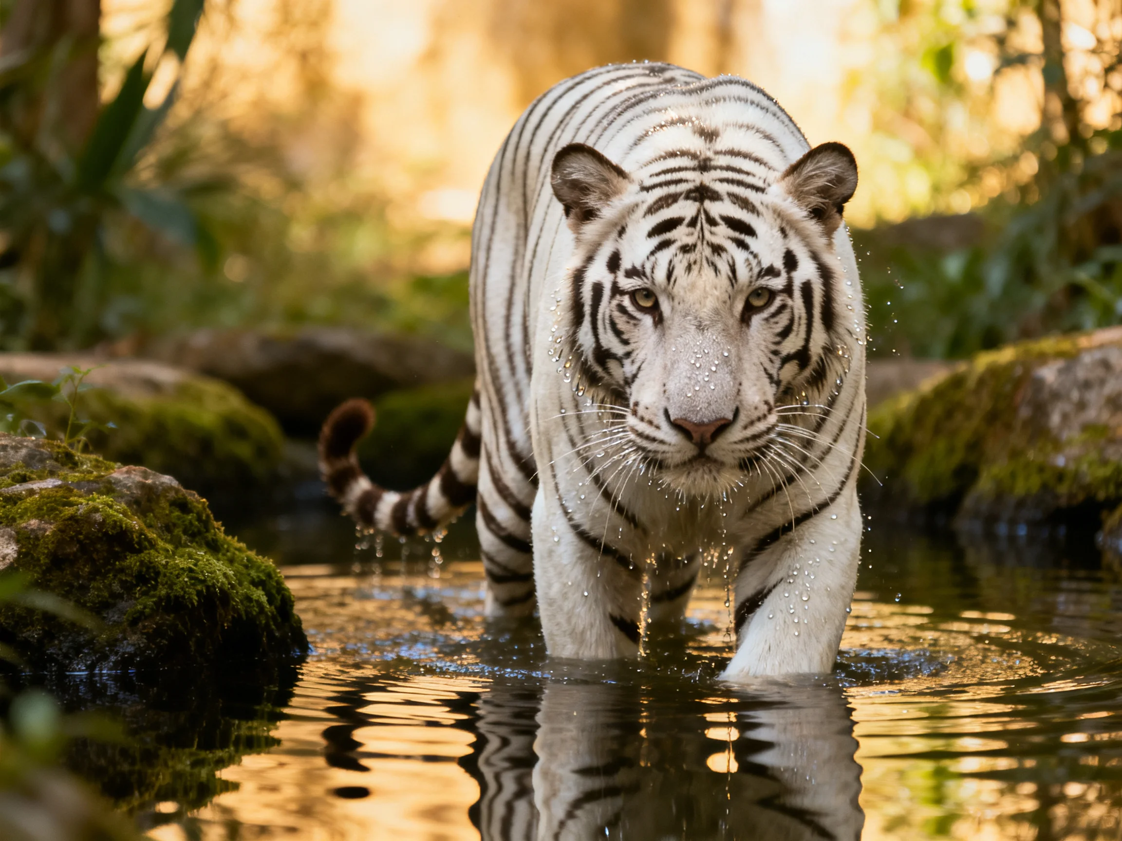 White tiger wades through shallow water near moss-covered rocks
