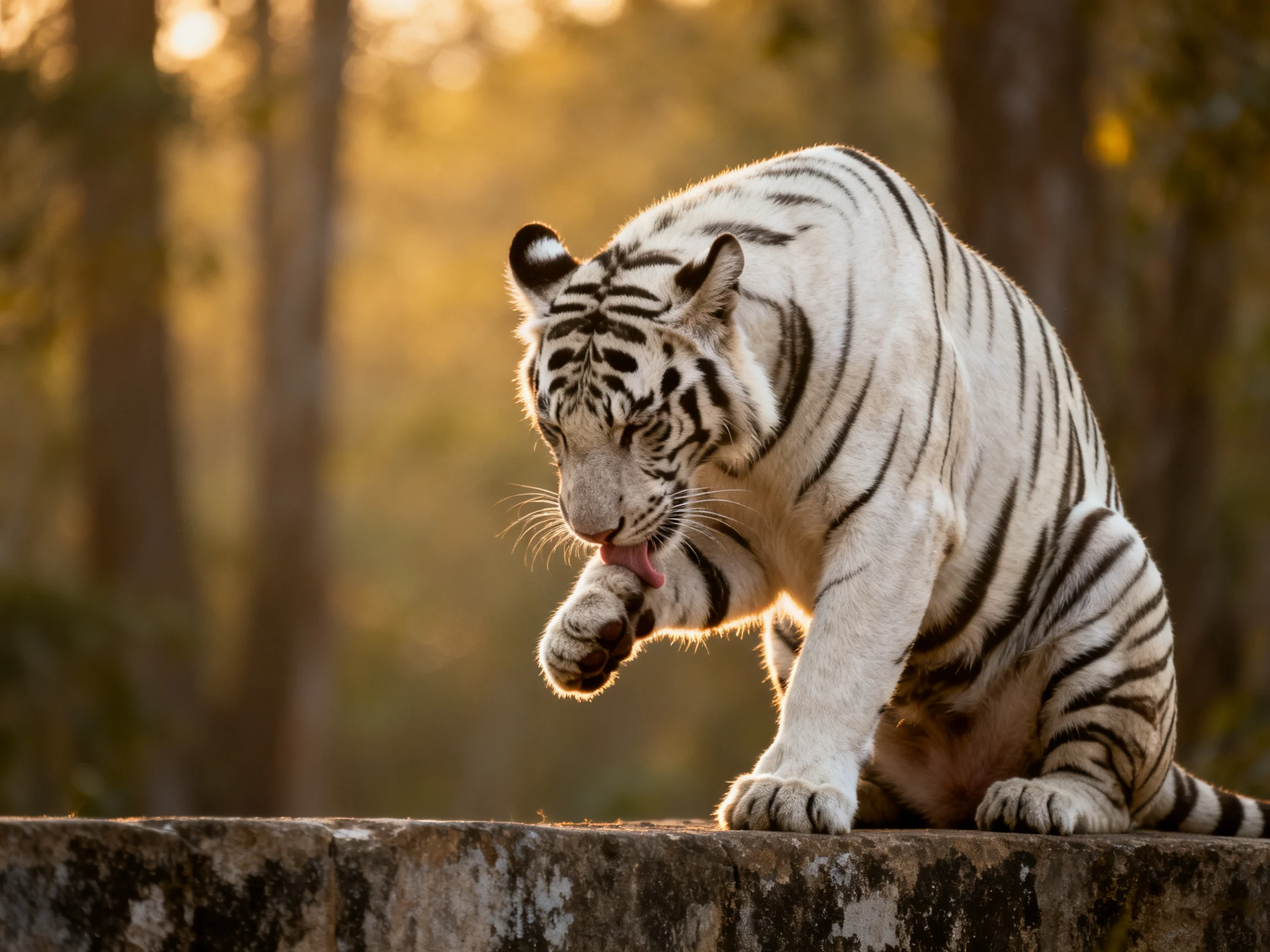 A white tiger grooms itself on a stone structure amid a sunlit forest.
