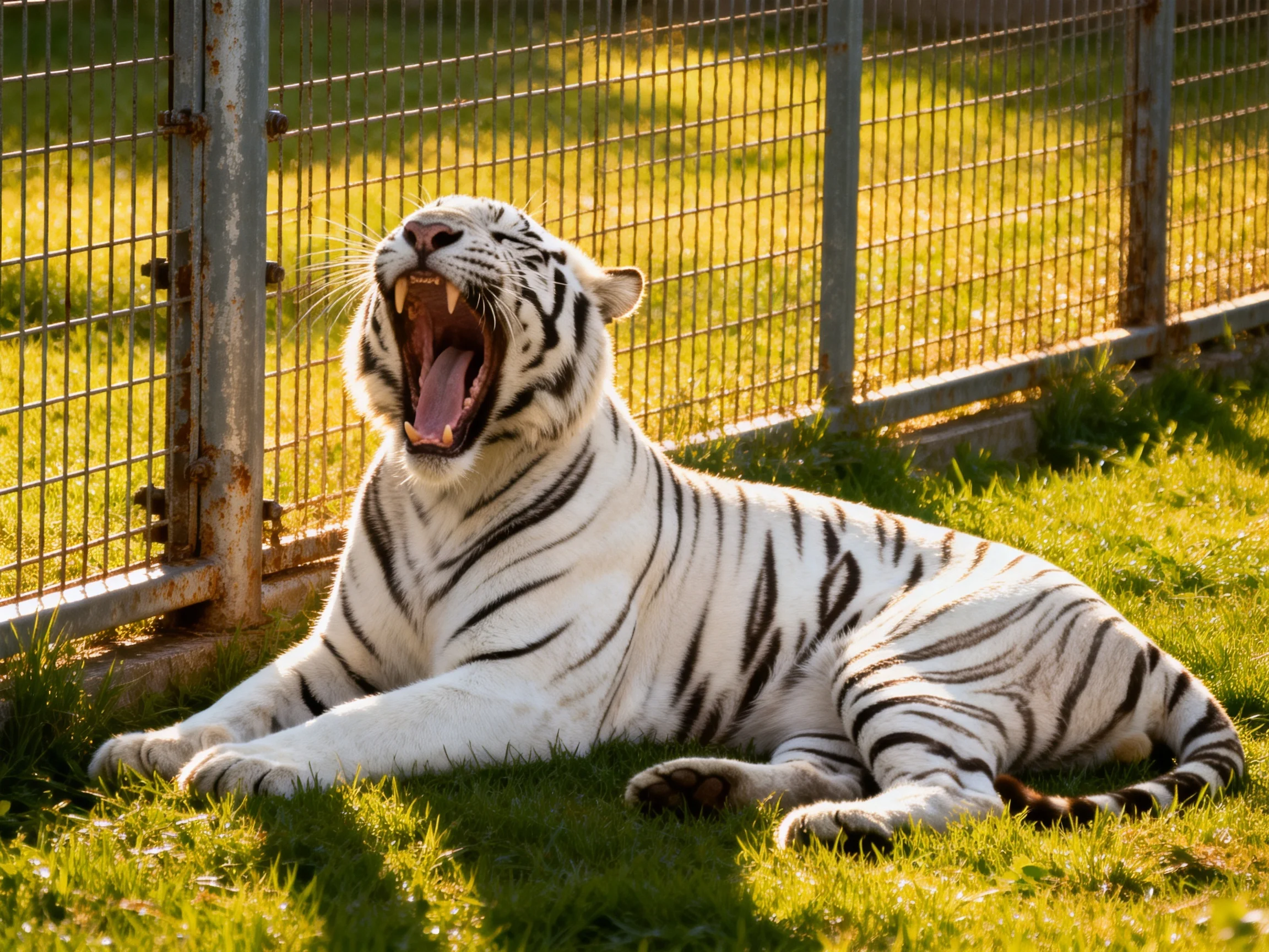 White tiger yawning on grass beside metal fence