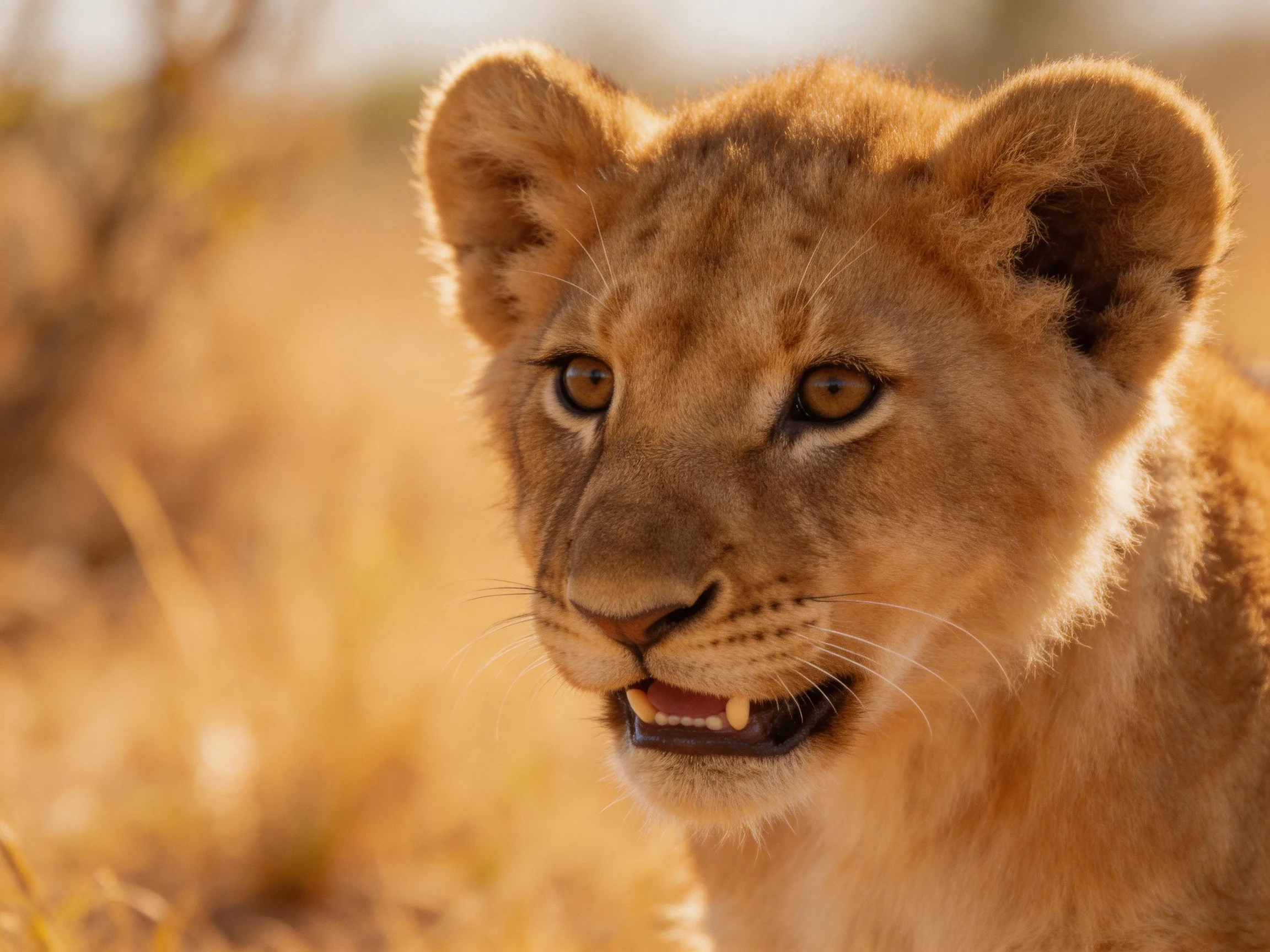 A young lion cub gazes curiously in a sunlit savannah environment.