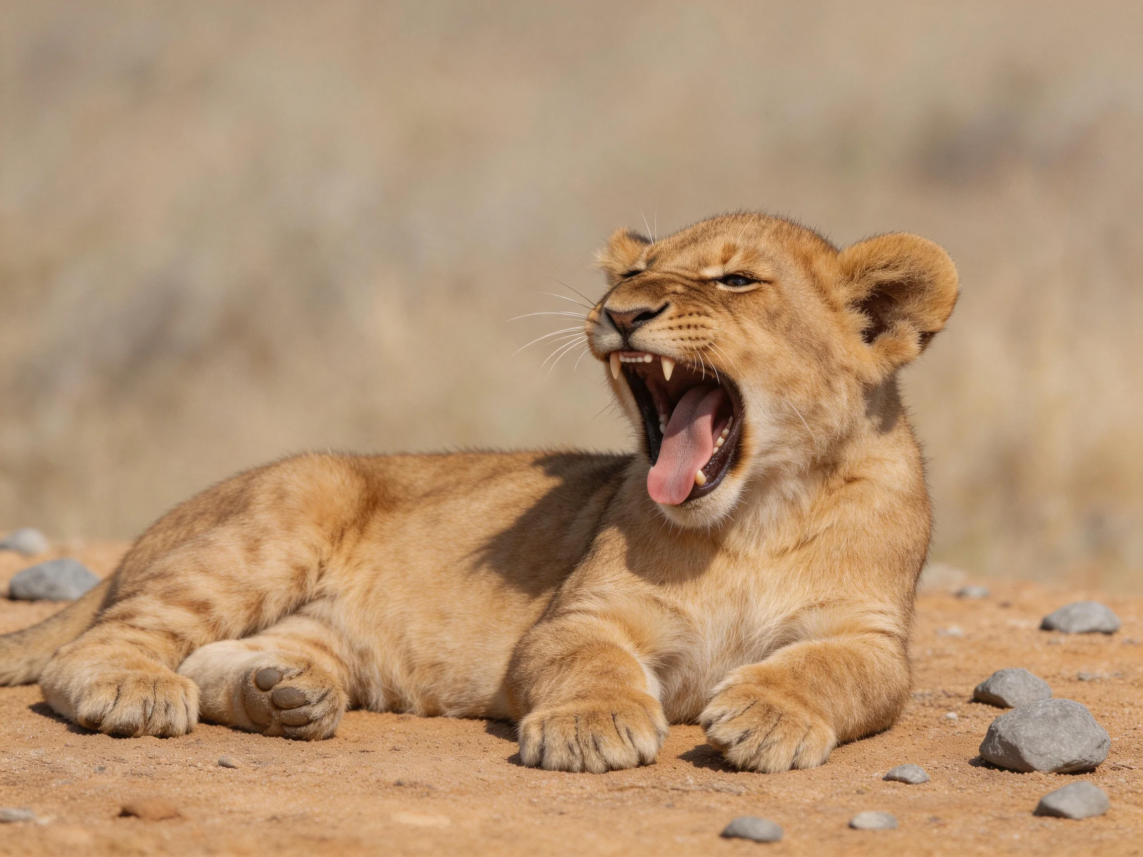 Young lion cub yawning on dusty ground with scattered rocks