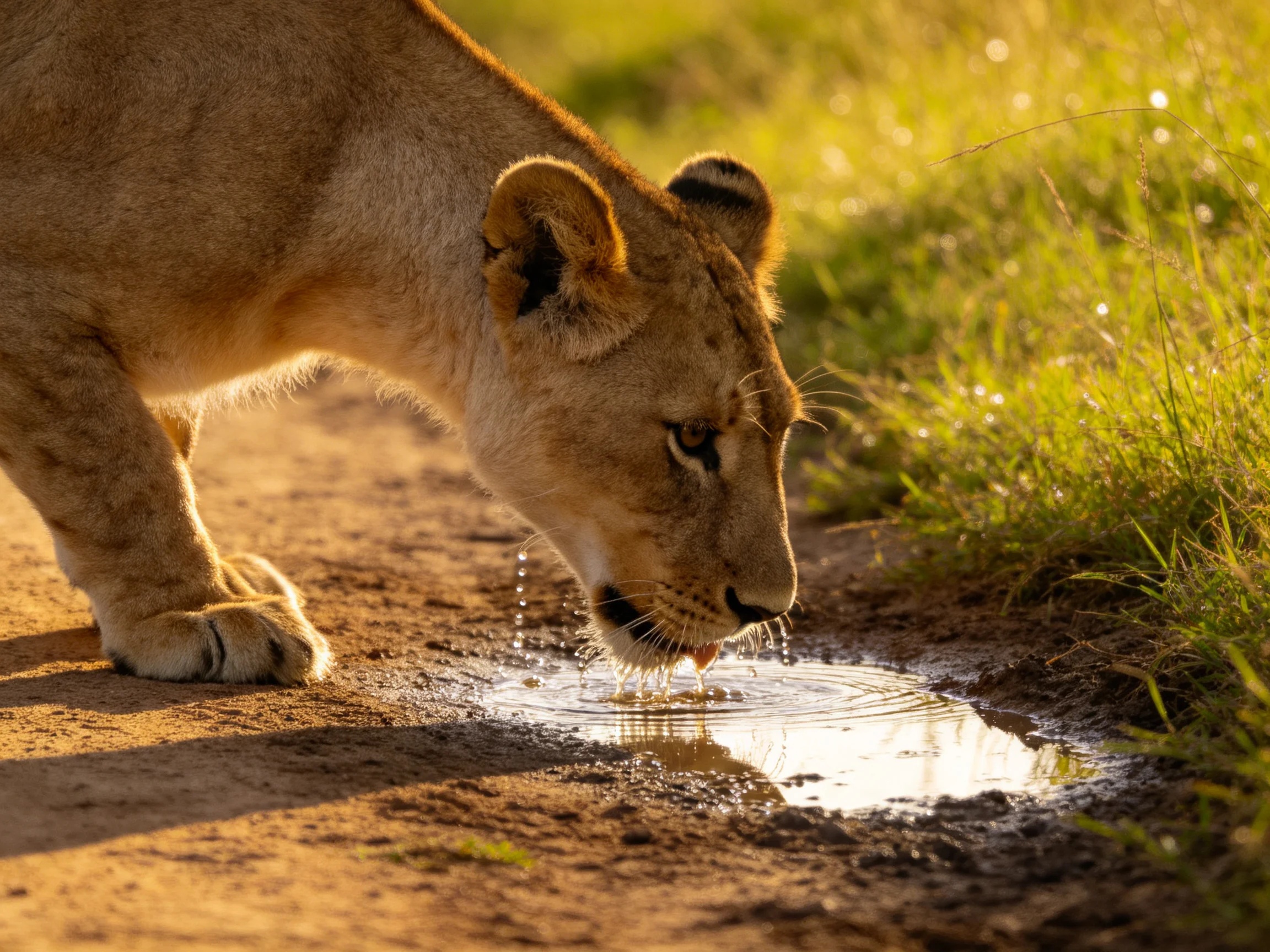 A young lioness drinks water from a small puddle on a dirt path.