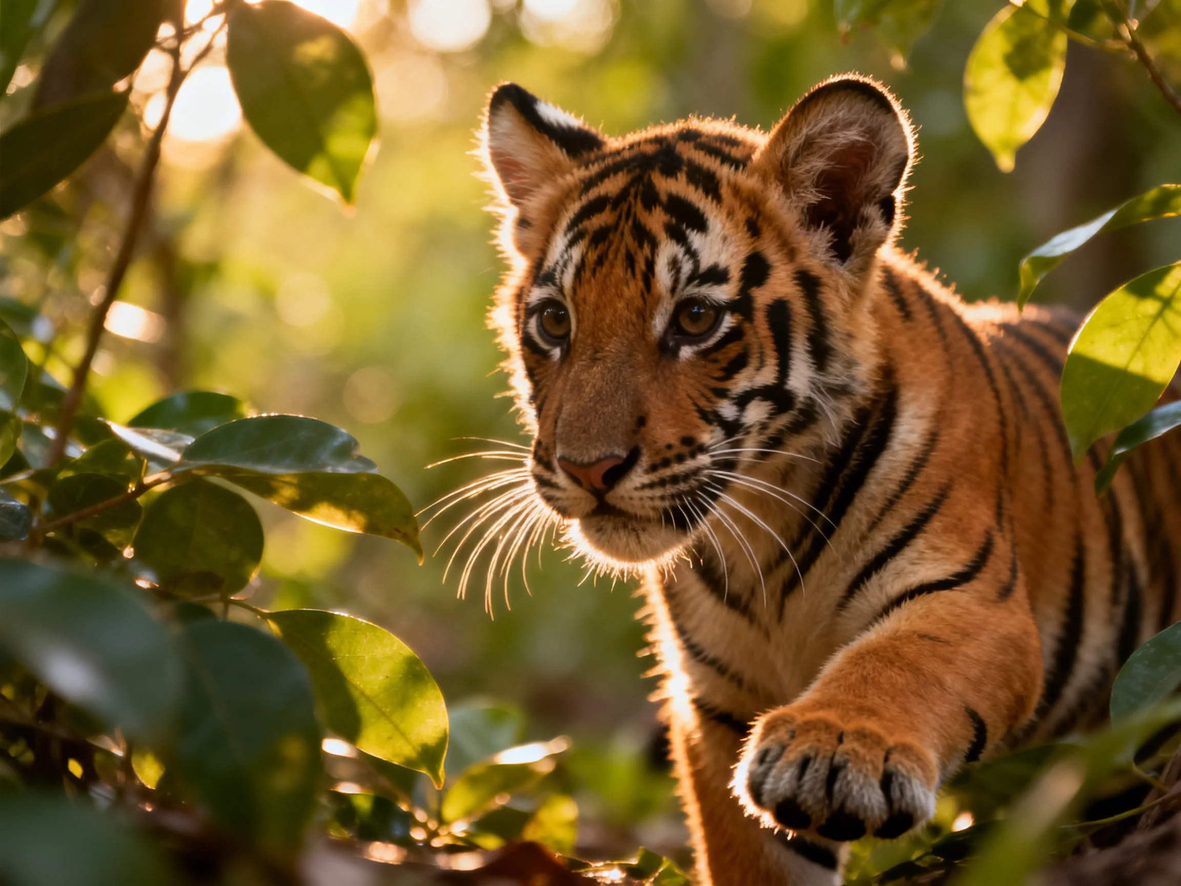 A young tiger cub explores dense greenery bathed in warm sunlight.