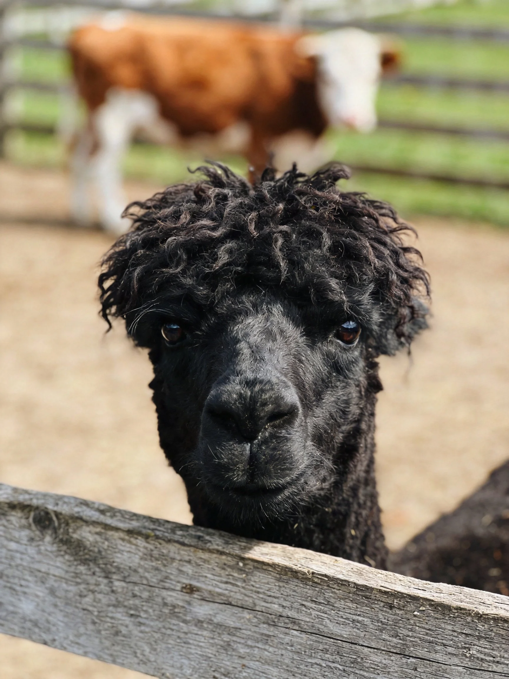 A black alpaca peeks over a wooden fence beside a brown cow