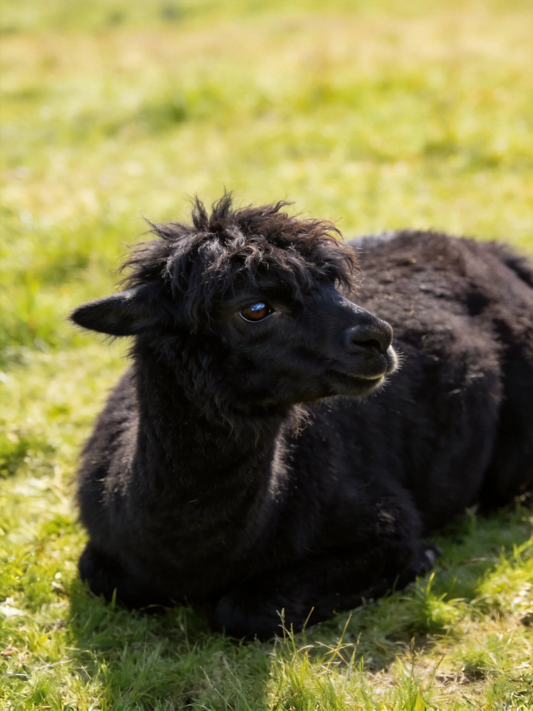 A black alpaca relaxes on green grass in a sunlit area.
