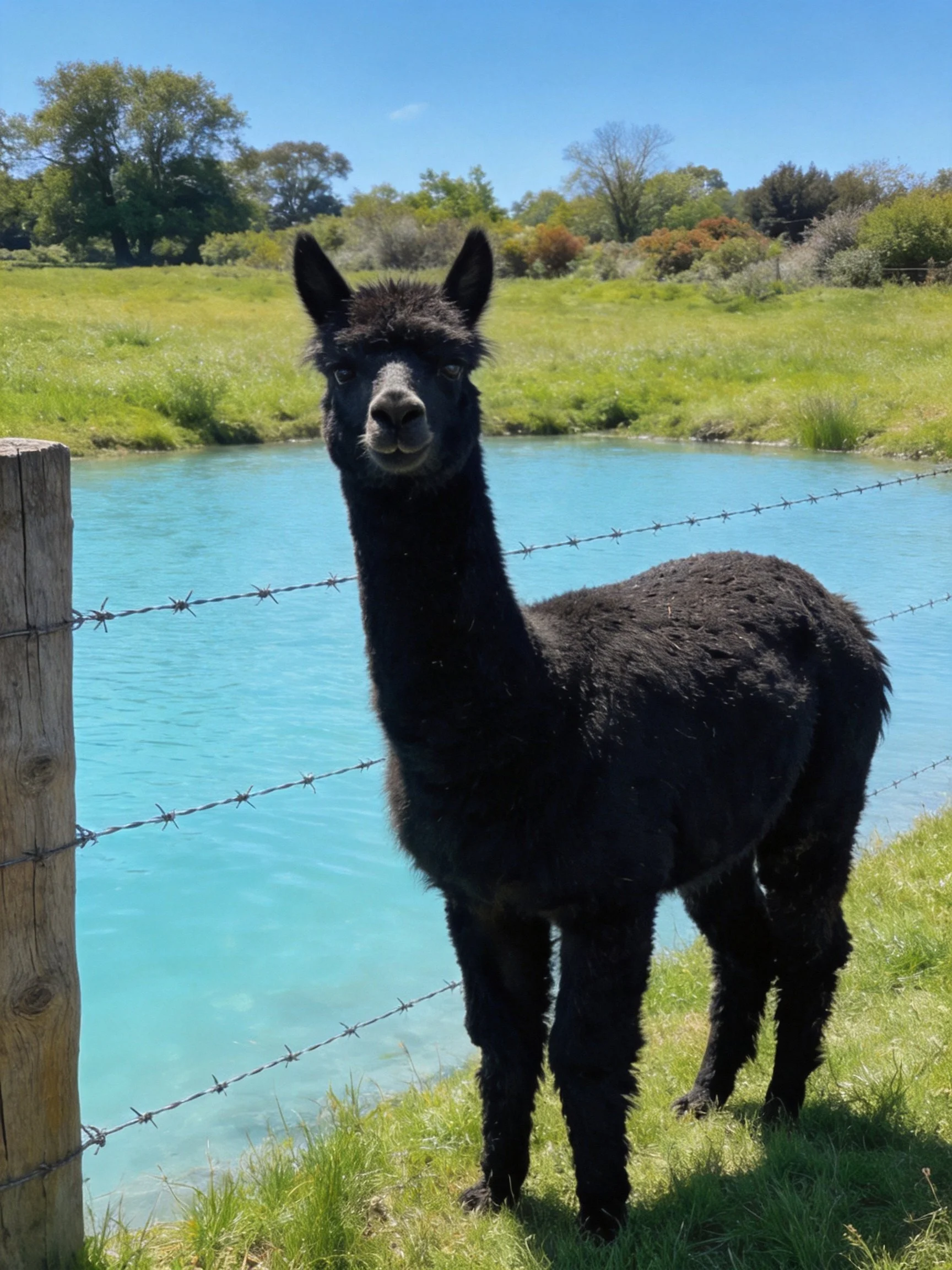 A black alpaca stands near a turquoise pond behind a barbed wire fence.