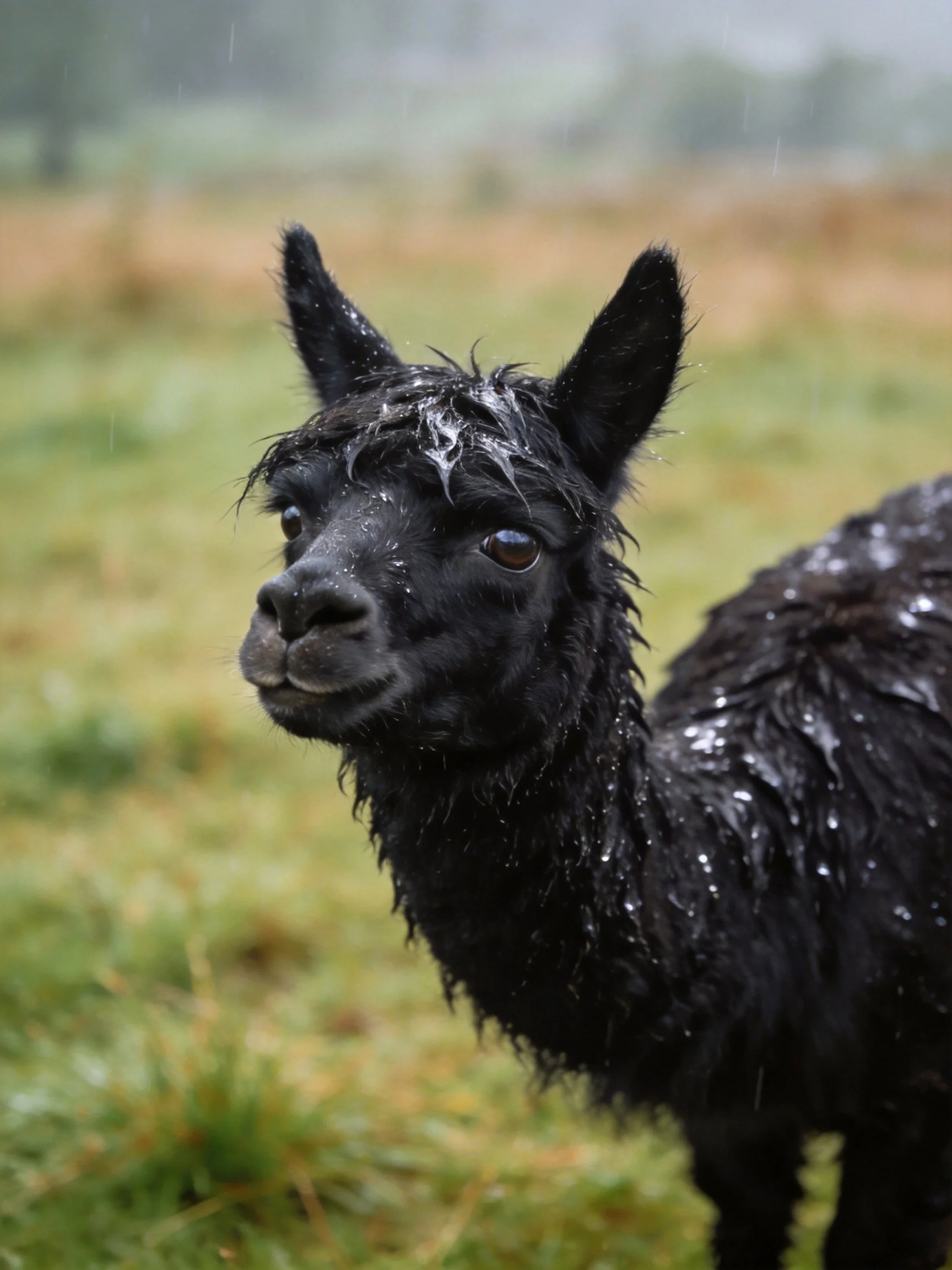 A black alpaca stands in a rain-drenched green pasture