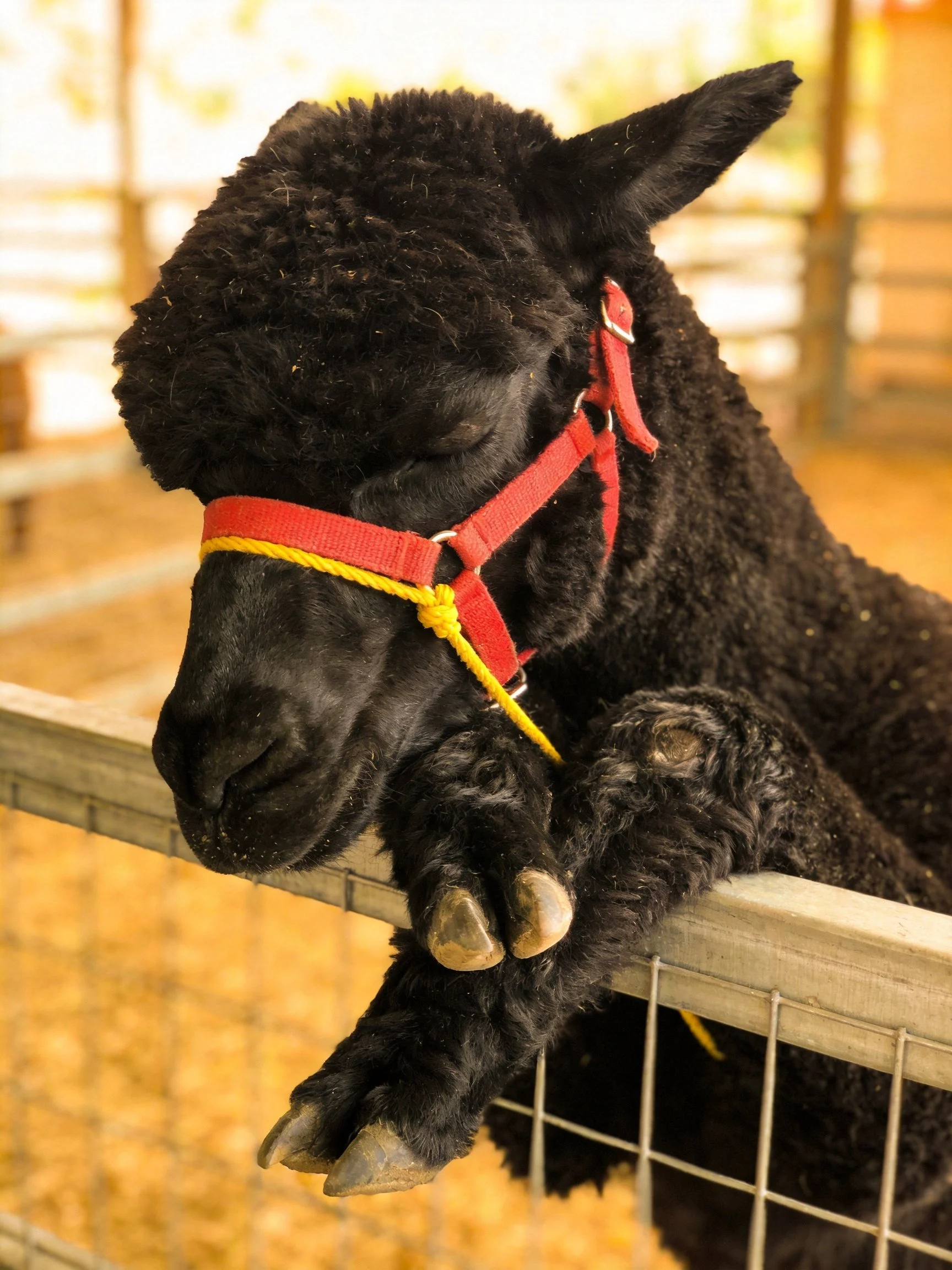 A black alpaca with a red harness rests near a wooden fence