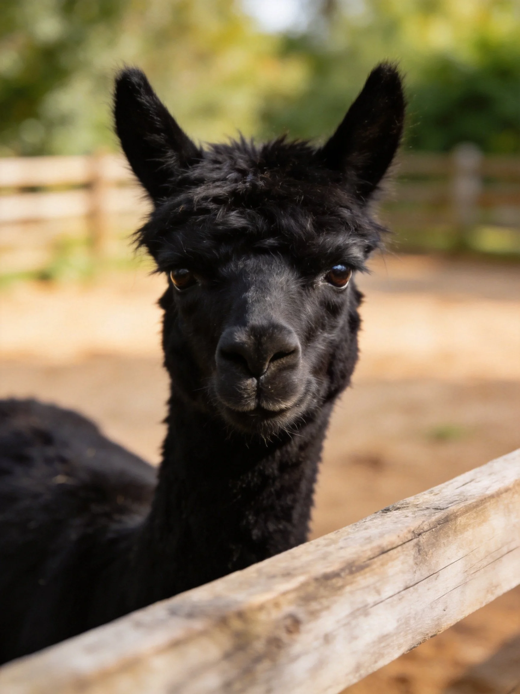 A black alpaca with shaggy fur near a wooden fence