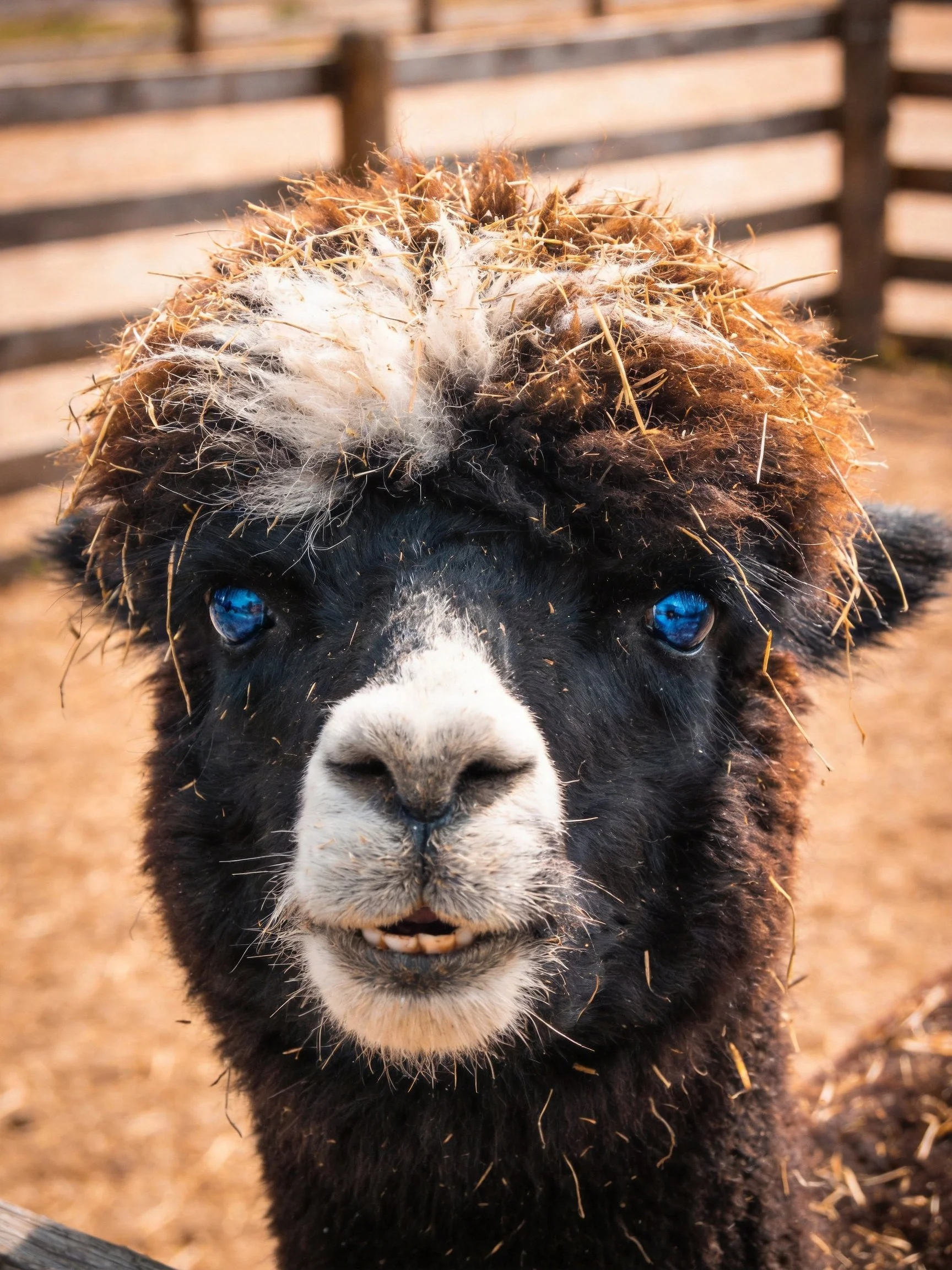 An alpaca with vivid blue eyes stands near a wooden fence.