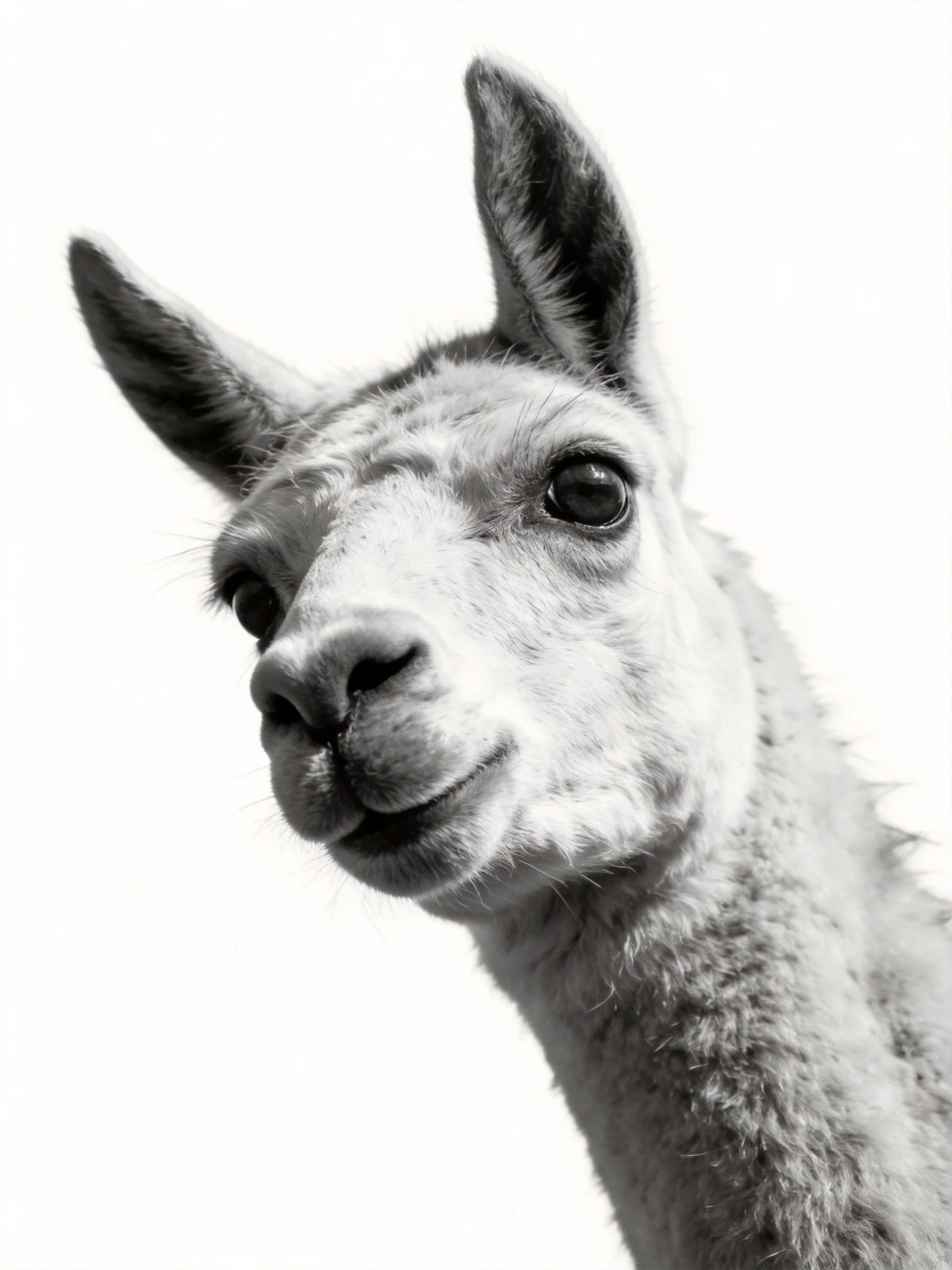 A black and white close - up portrait of a llama with prominent ears