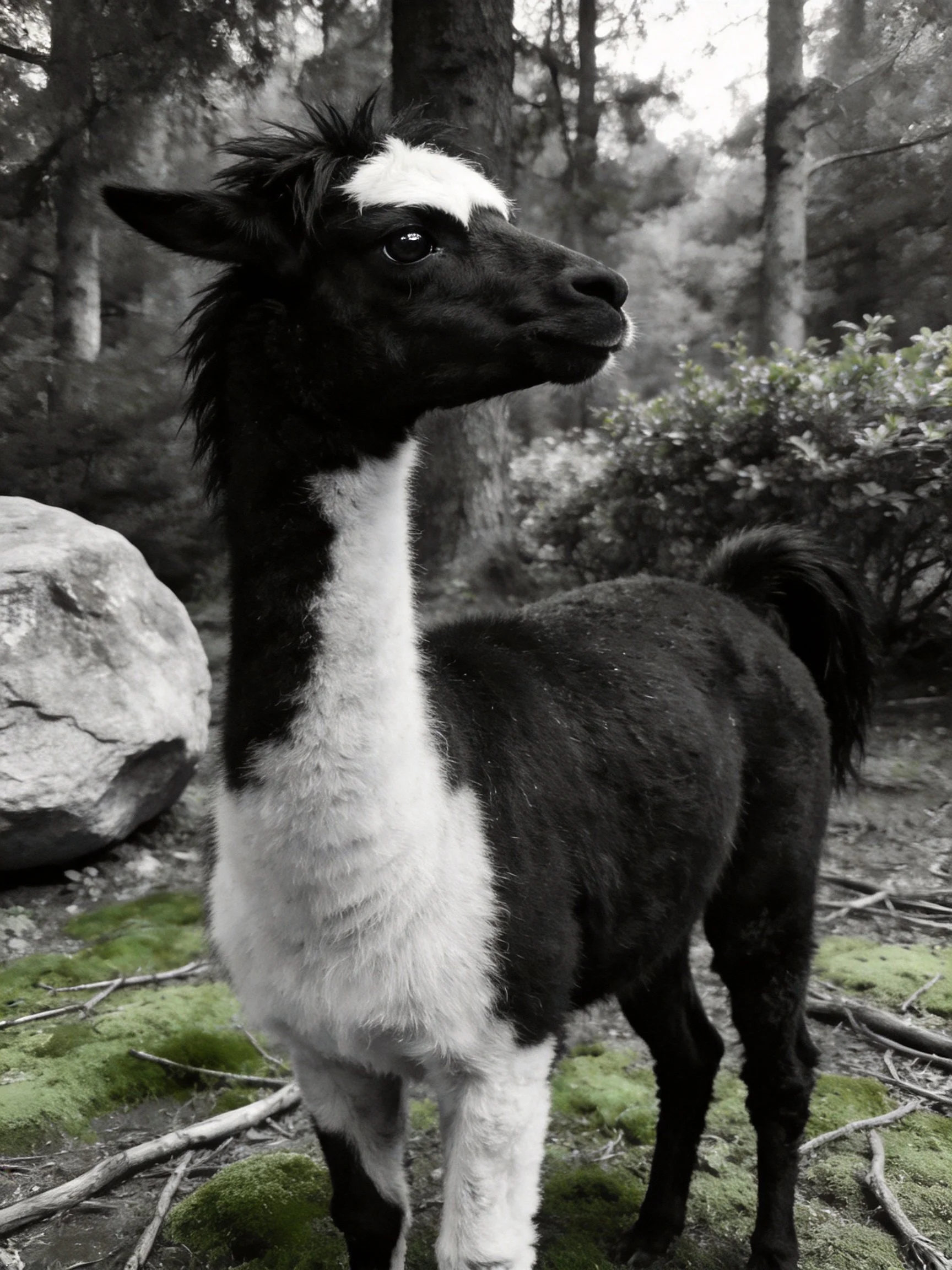 A black and white llama in a mossy forest with rocks and trees