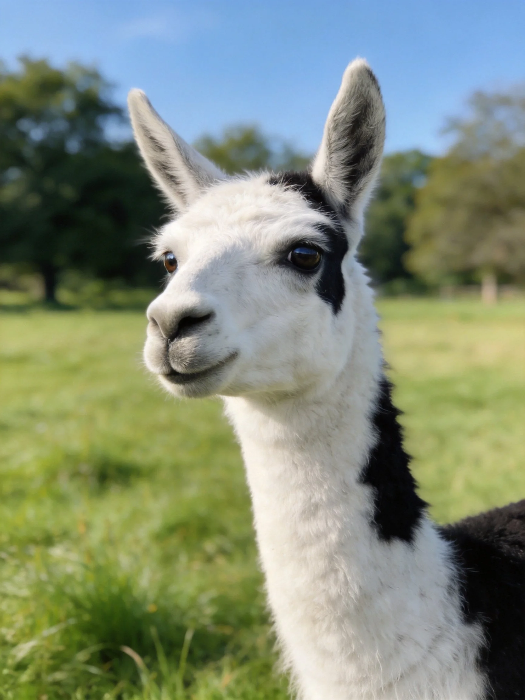 A black and white llama in a sunlit green meadow