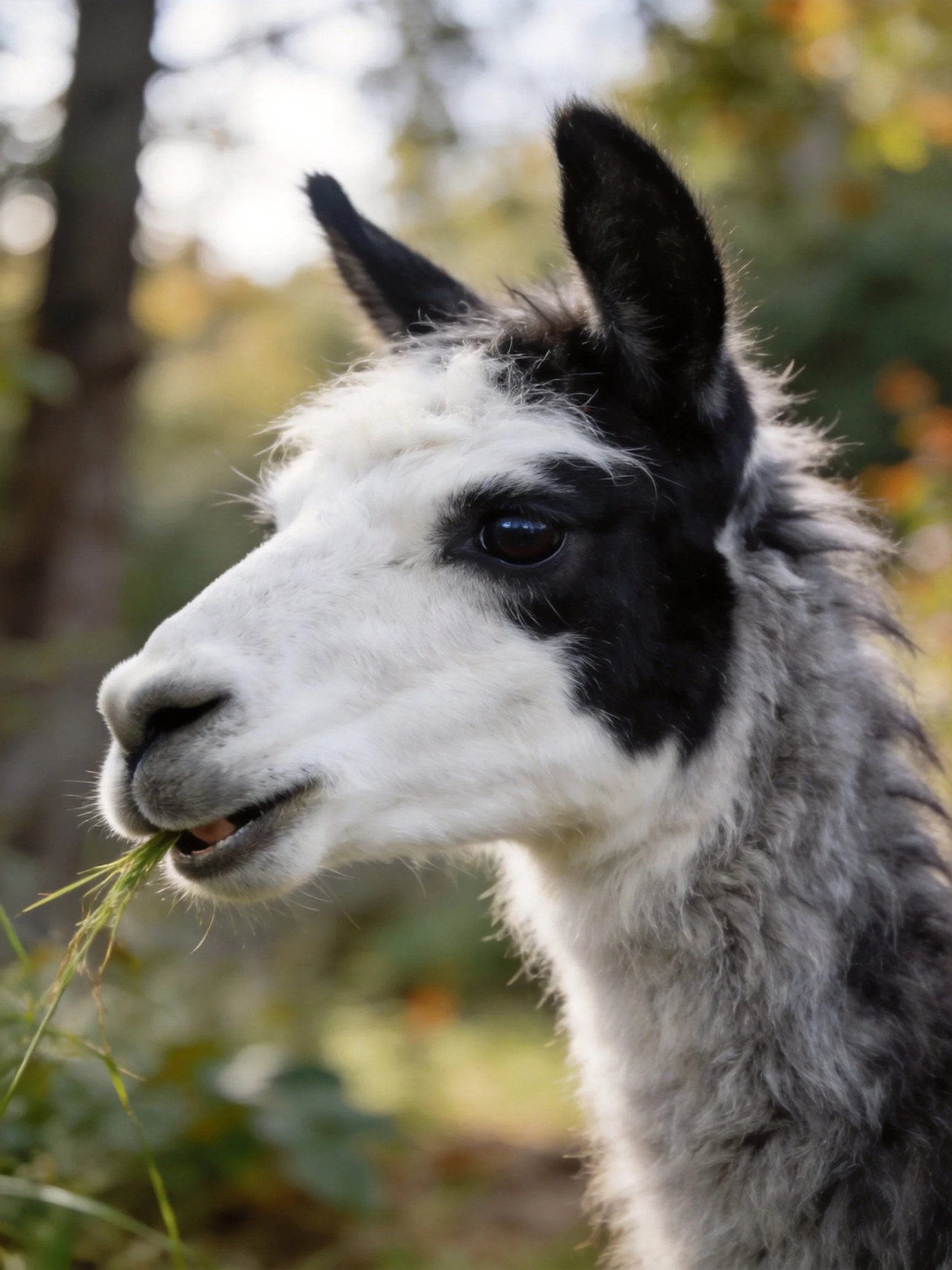 A black-and-white llama munches grass amid blurred greenery