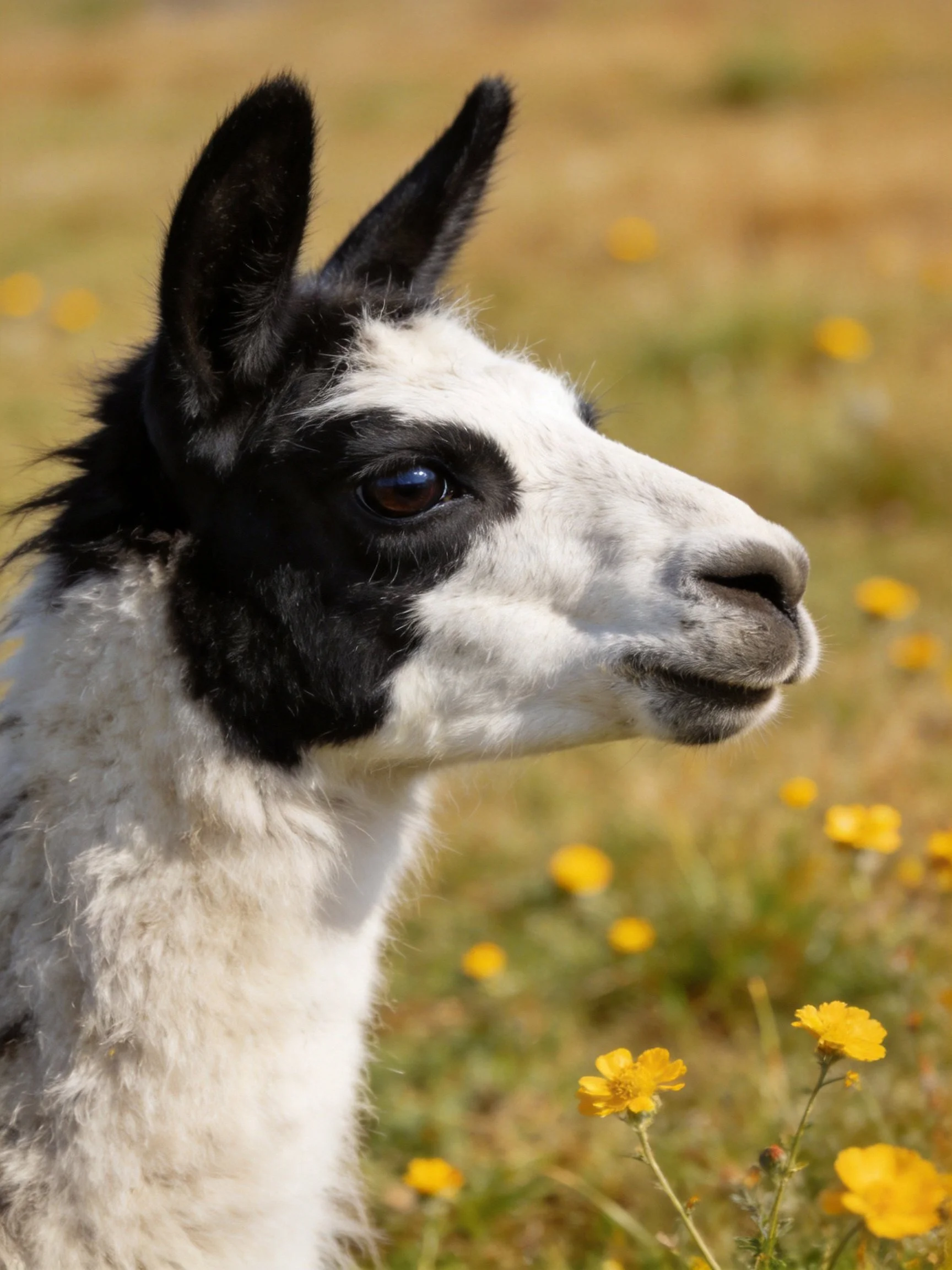 A black-and-white llama near vibrant yellow wildflowers
