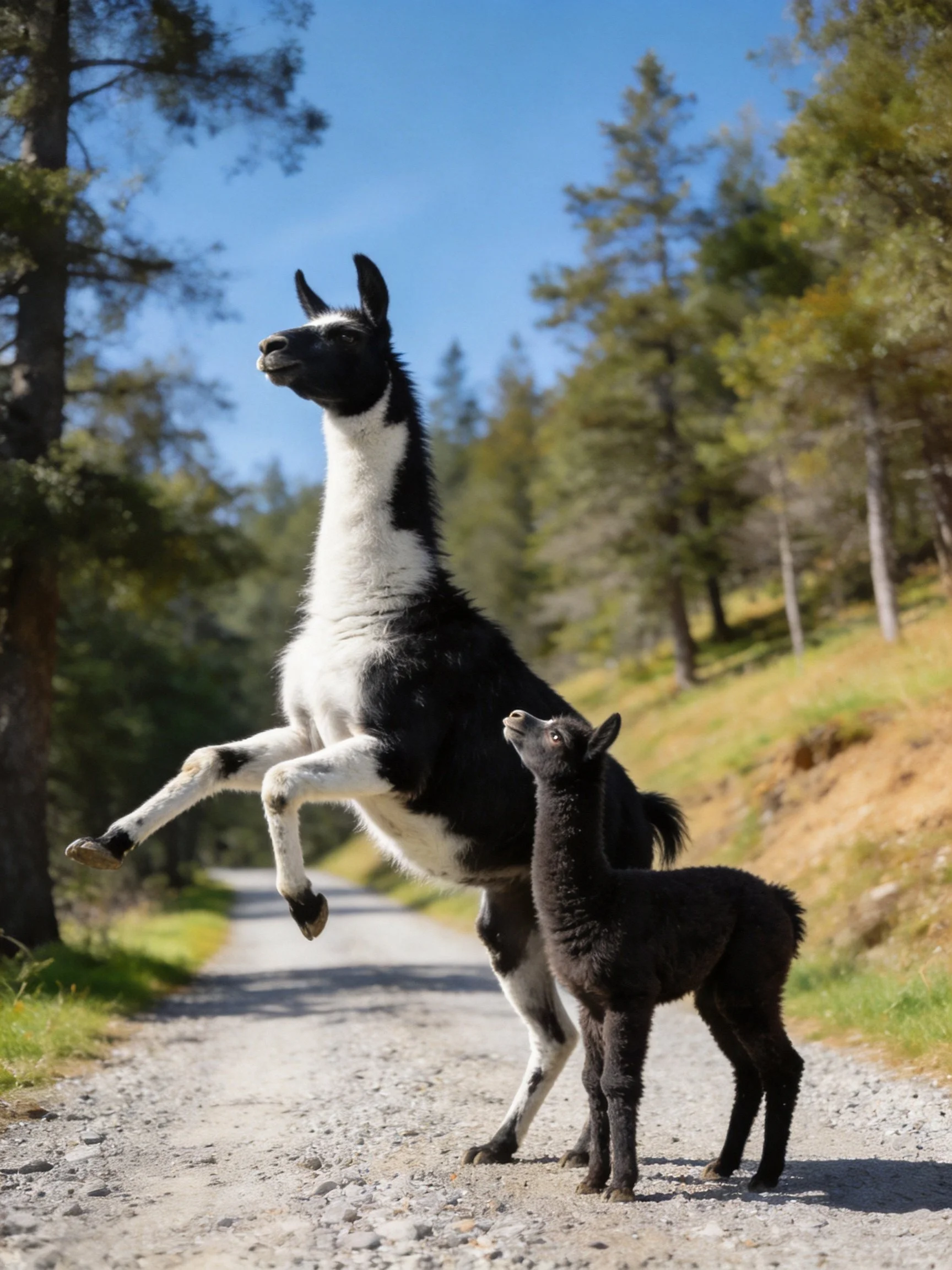A black-and-white llama rears beside a small dark llama on a forest path