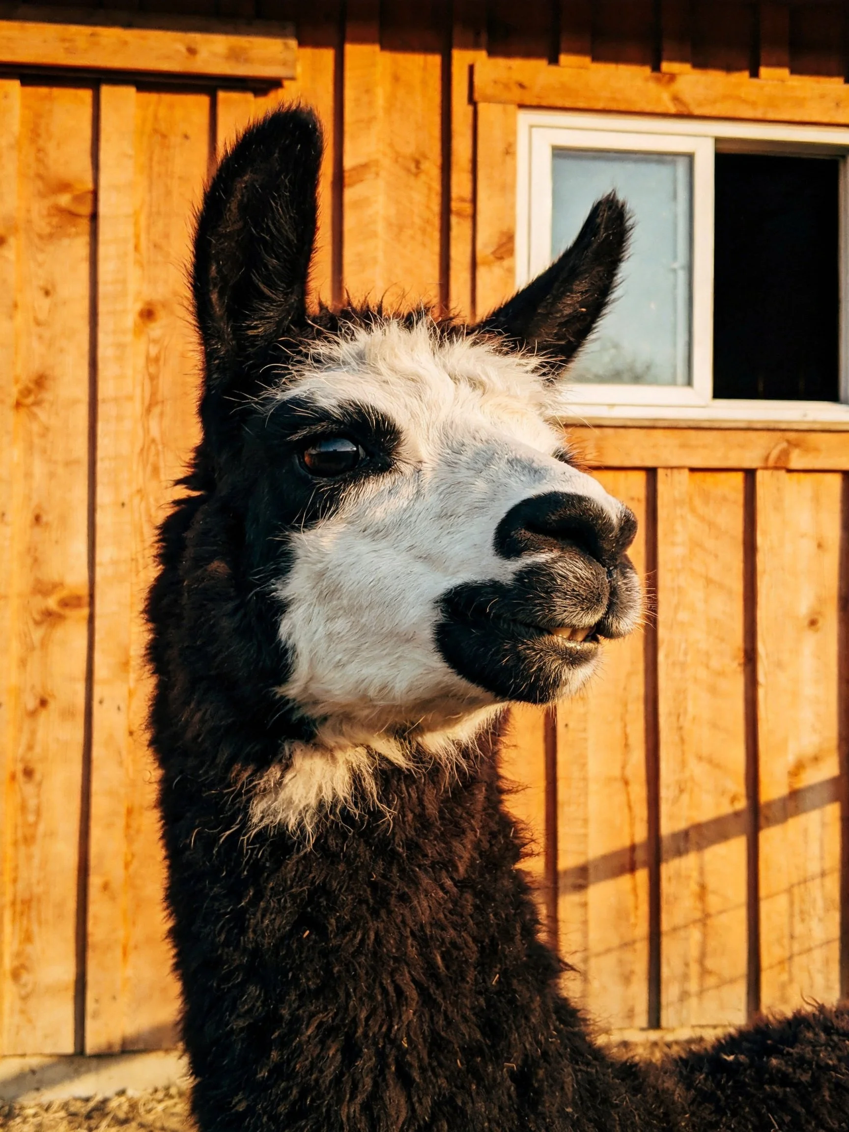 A black-and-white llama stands before a golden wooden barn