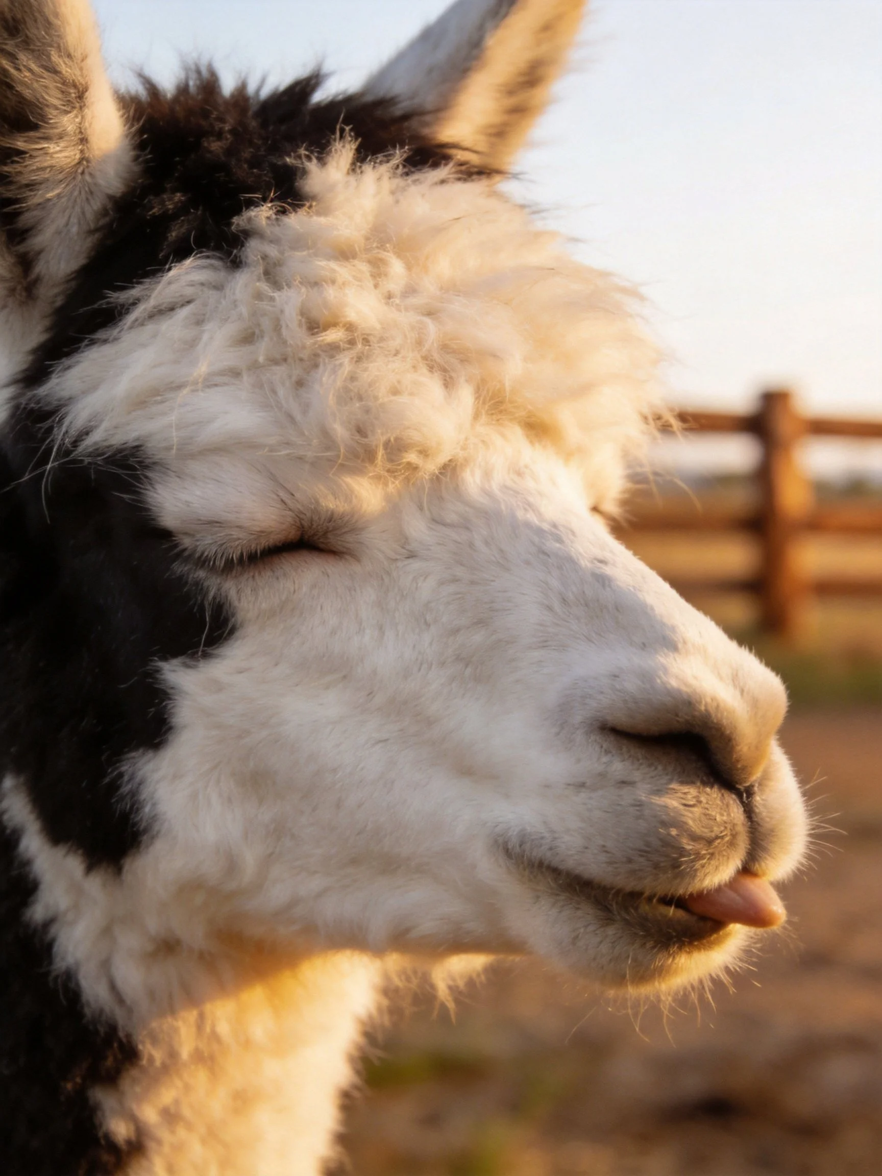 A black and white llama with fluffy fur near a wooden fence