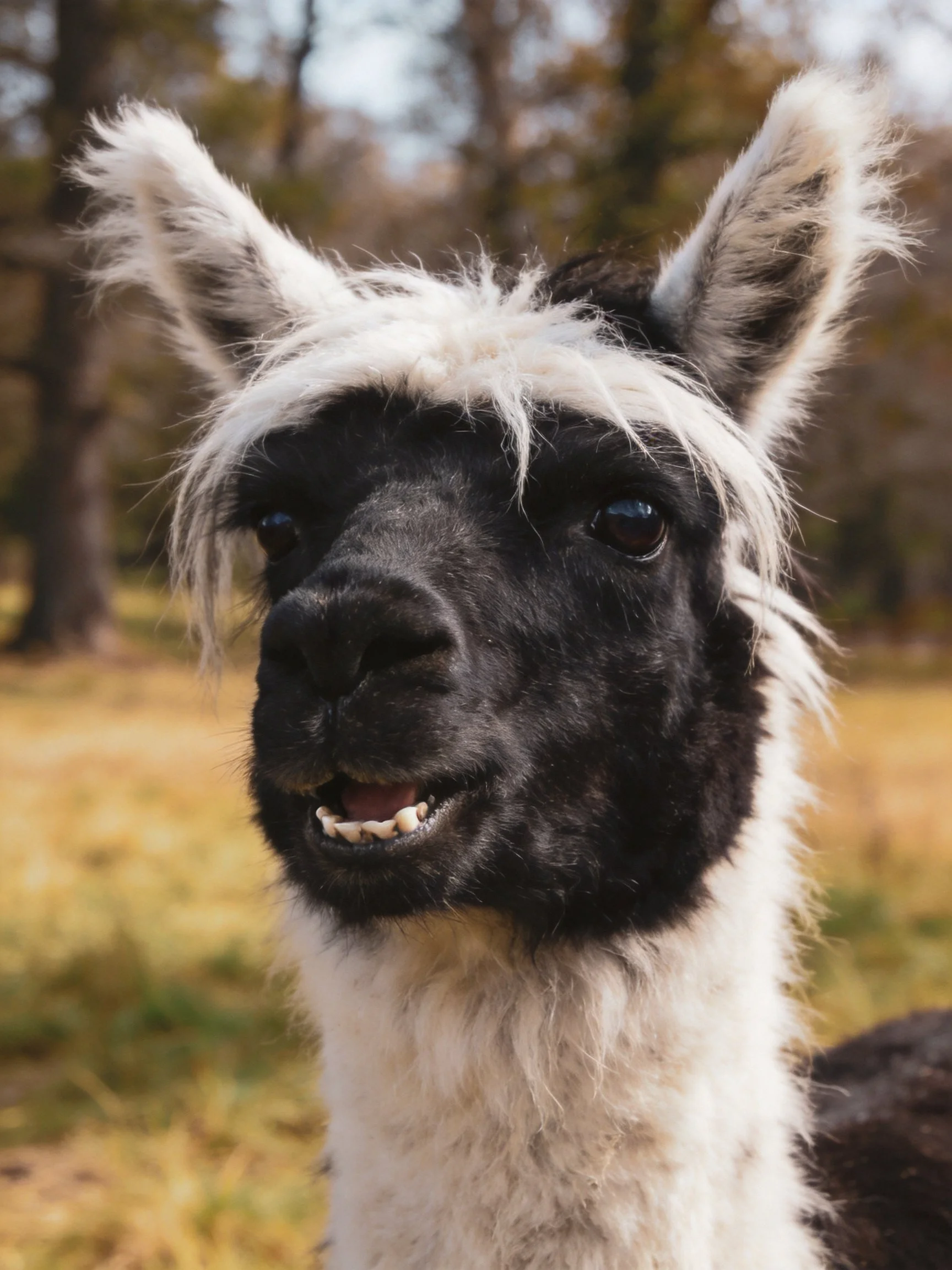 A black-and-white llama with shaggy fur in a wooded field