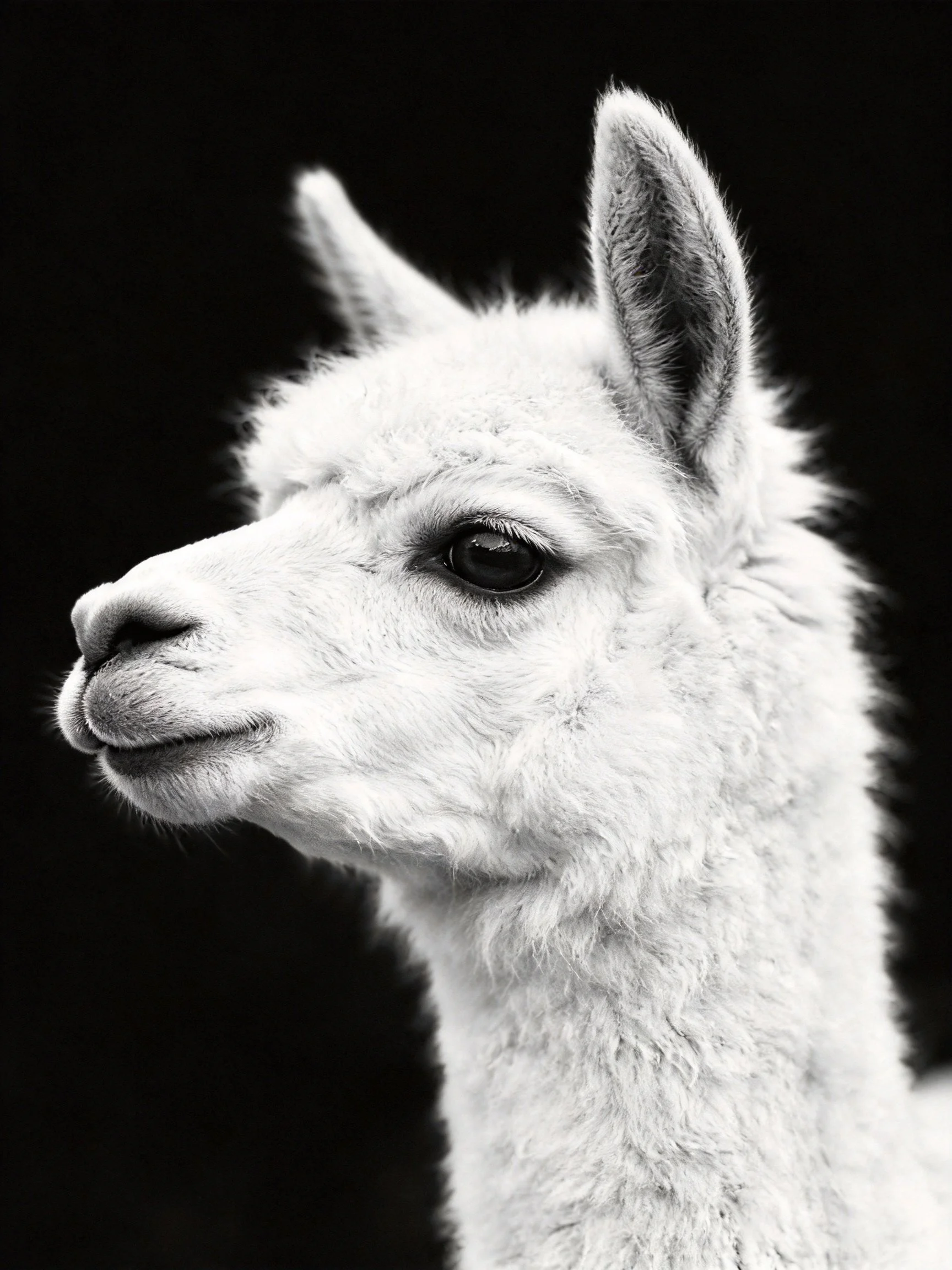 A black and white portrait showcasing a young llama’s textured fur