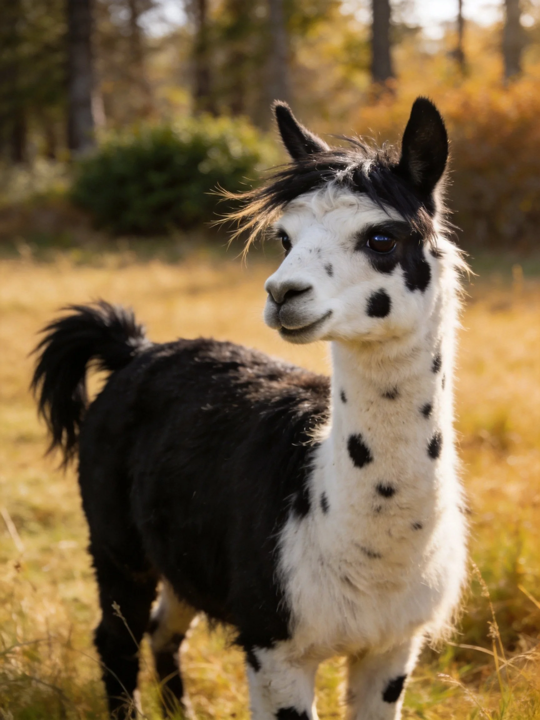 A black and white spotted llama in a sunlit autumn field