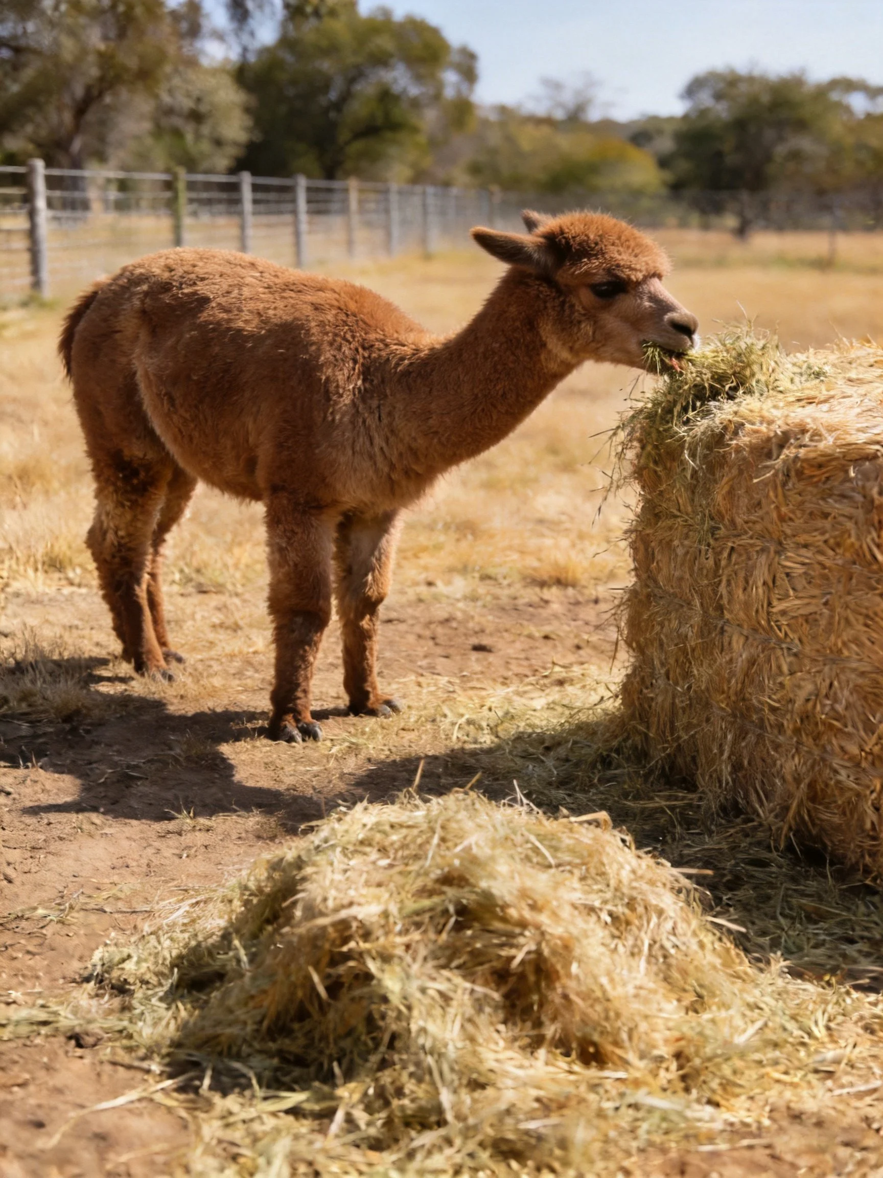 A brown alpaca feeding from a large hay bale outdoors