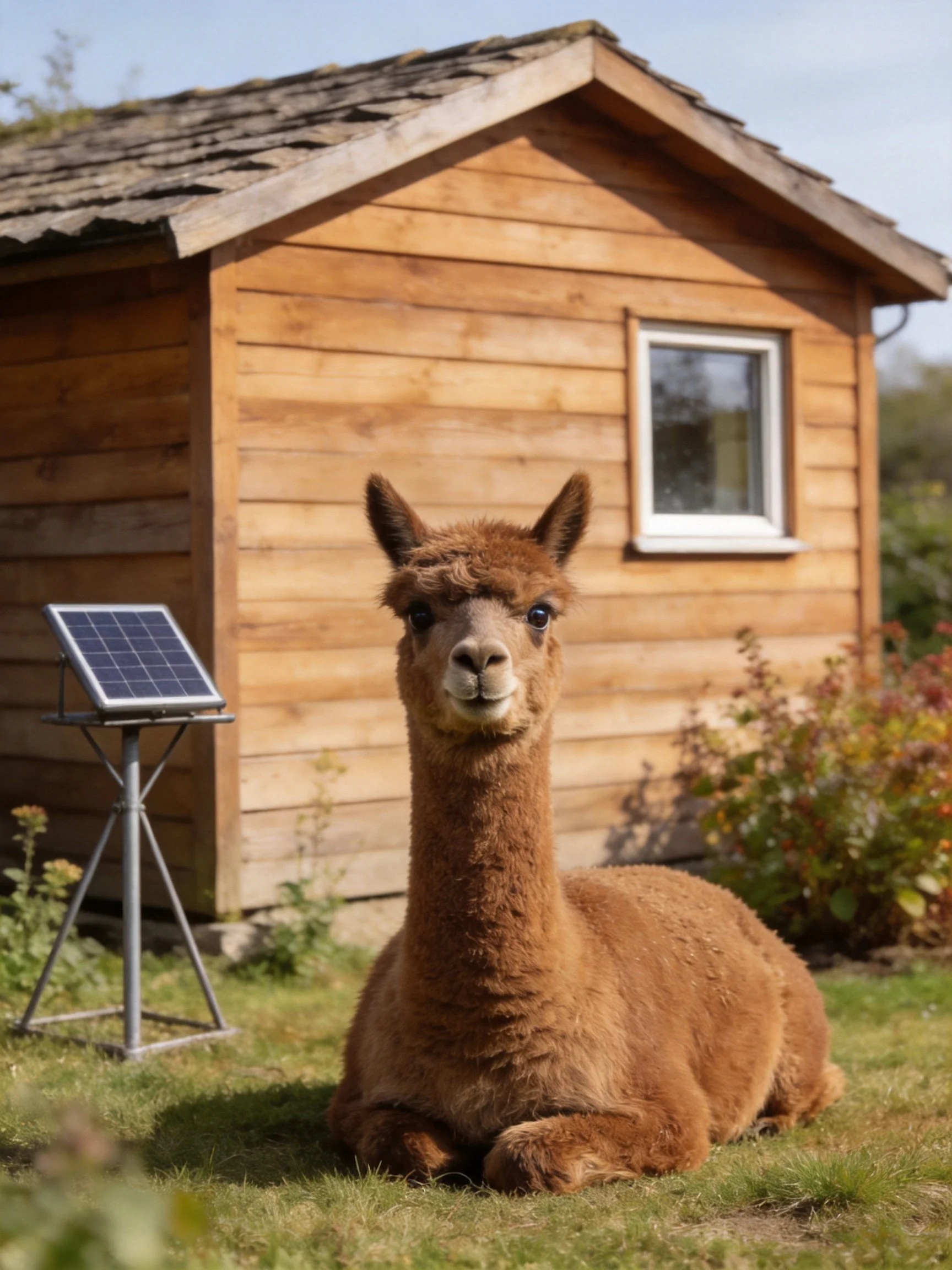 A brown alpaca rests beside a wooden shed with a solar panel
