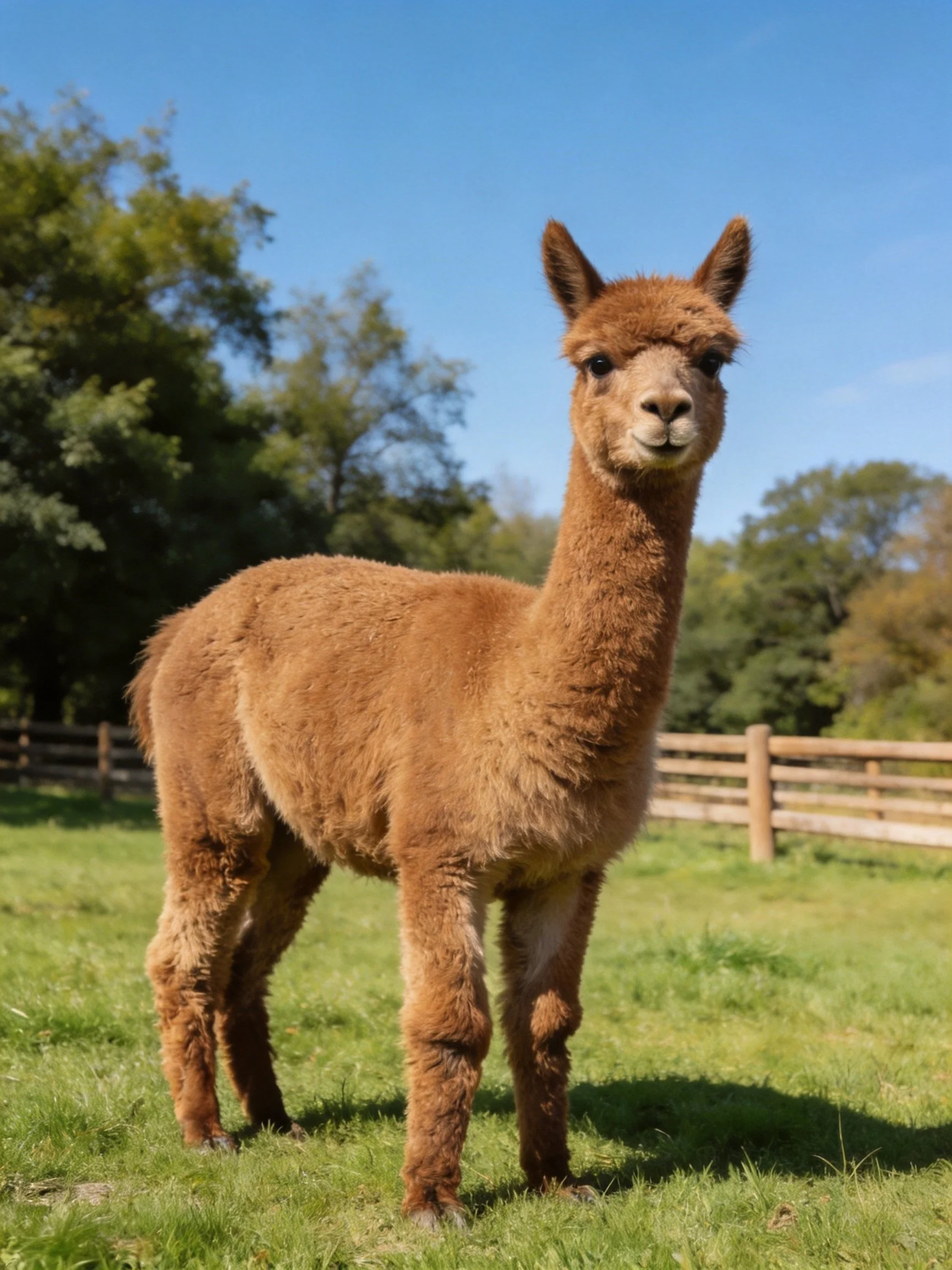 A brown alpaca stands in a sunlit green pasture with wooden fences