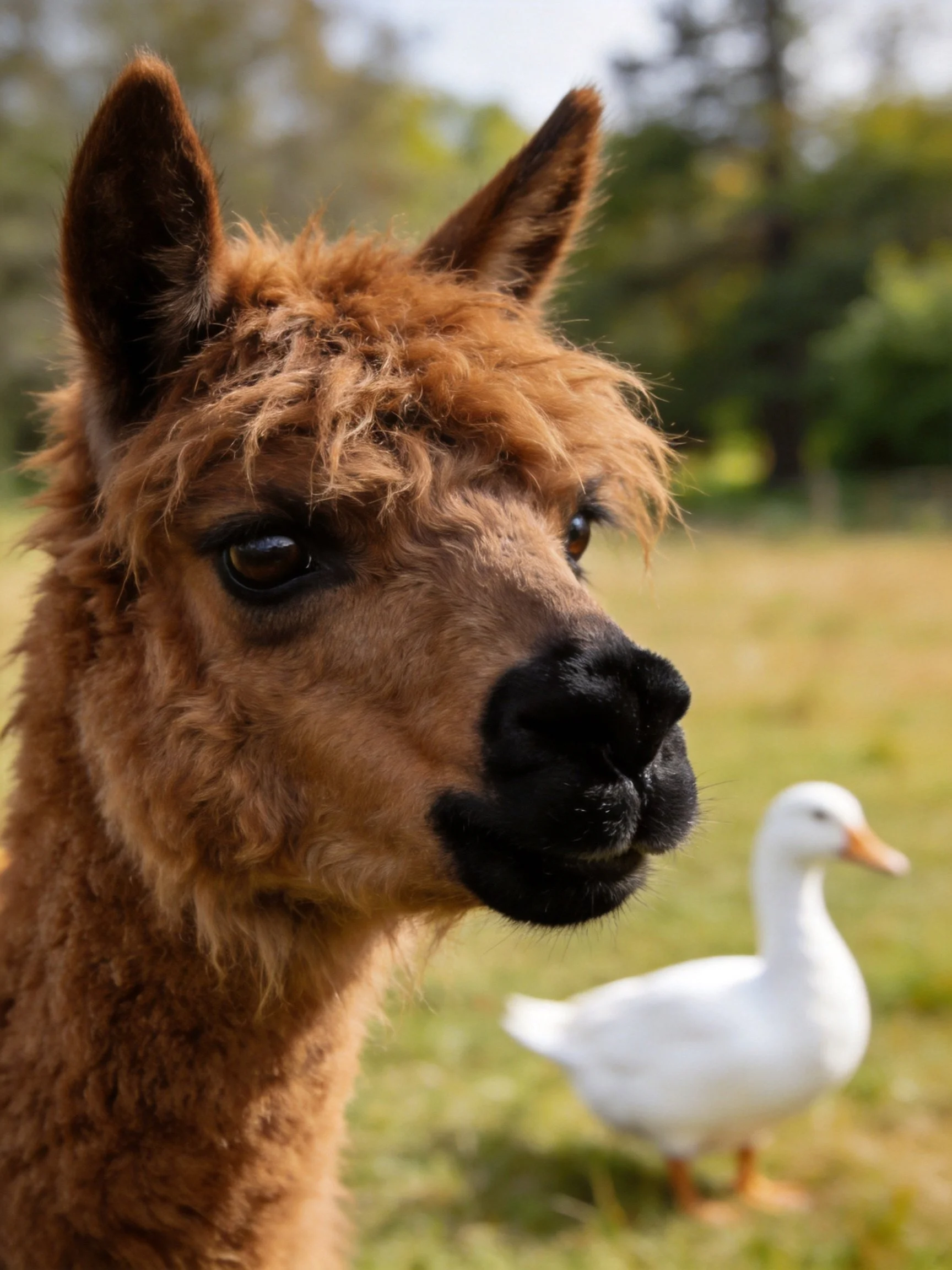 A brown alpaca stands near a white duck in a grassy field