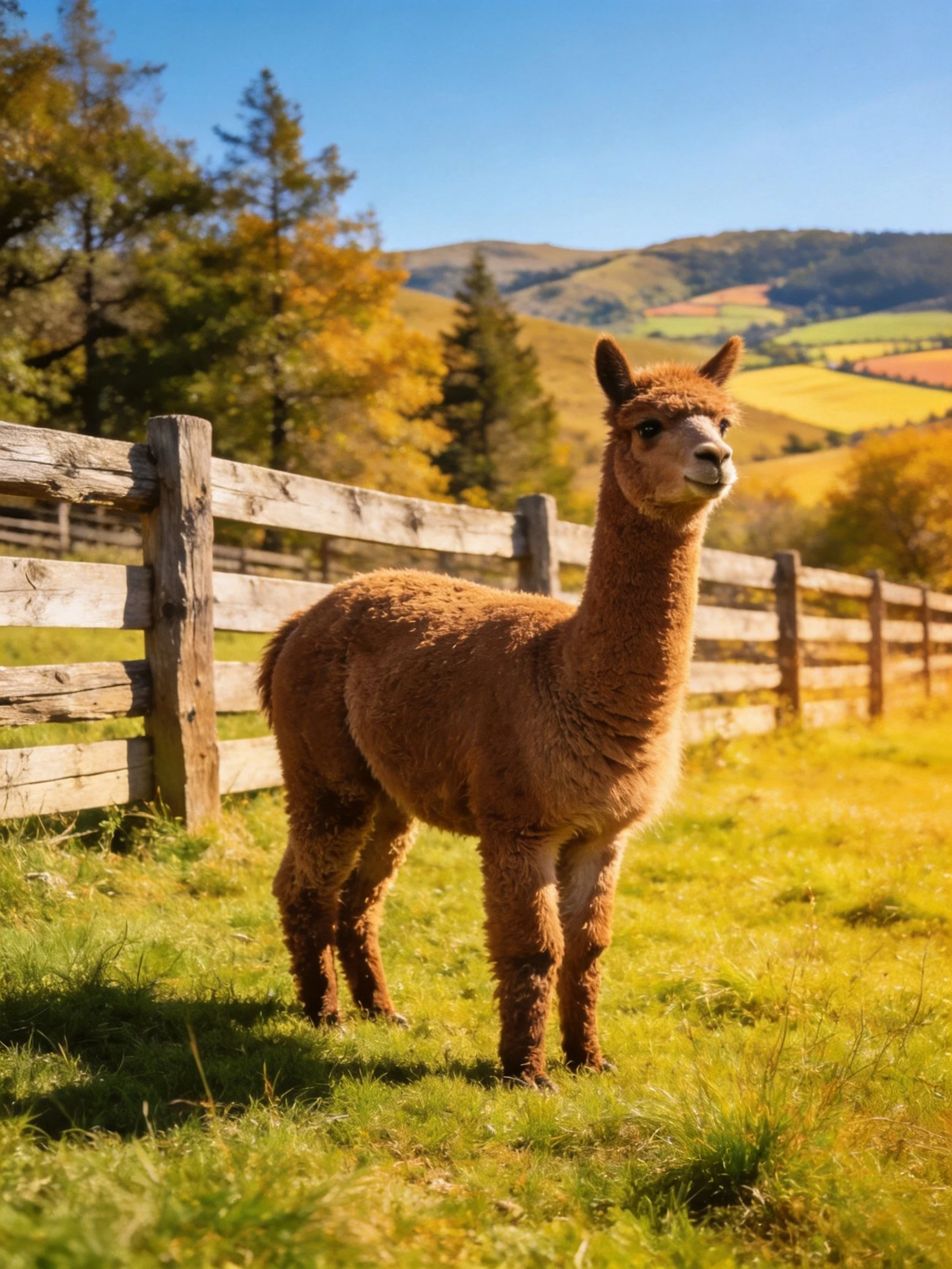 A brown alpaca stands near a wooden fence in a sunny countryside