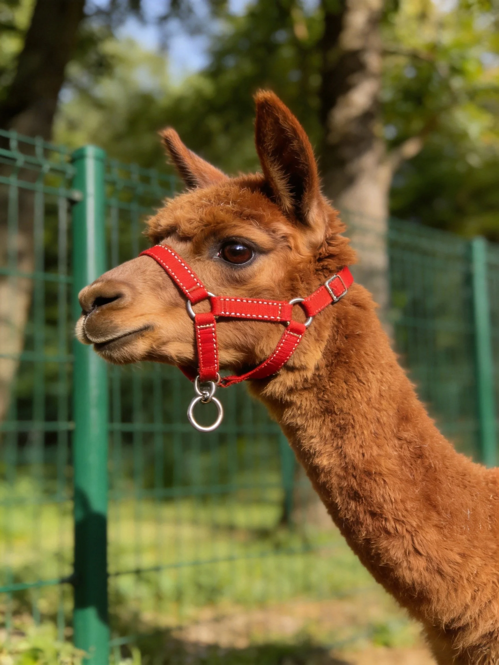 A brown alpaca wearing a bright red halter near green fencing