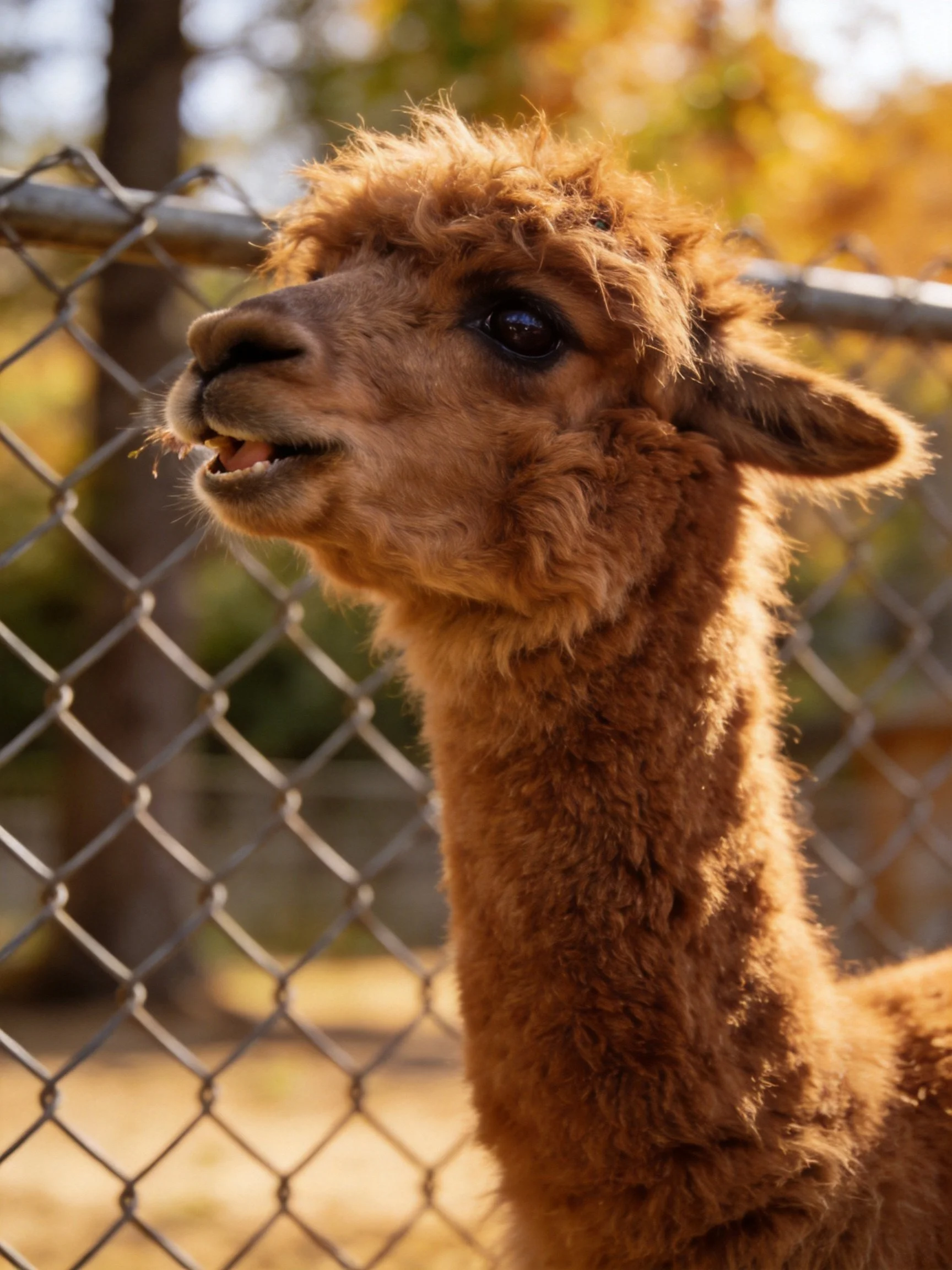 A brown alpaca with curly fur near a chain-link fence