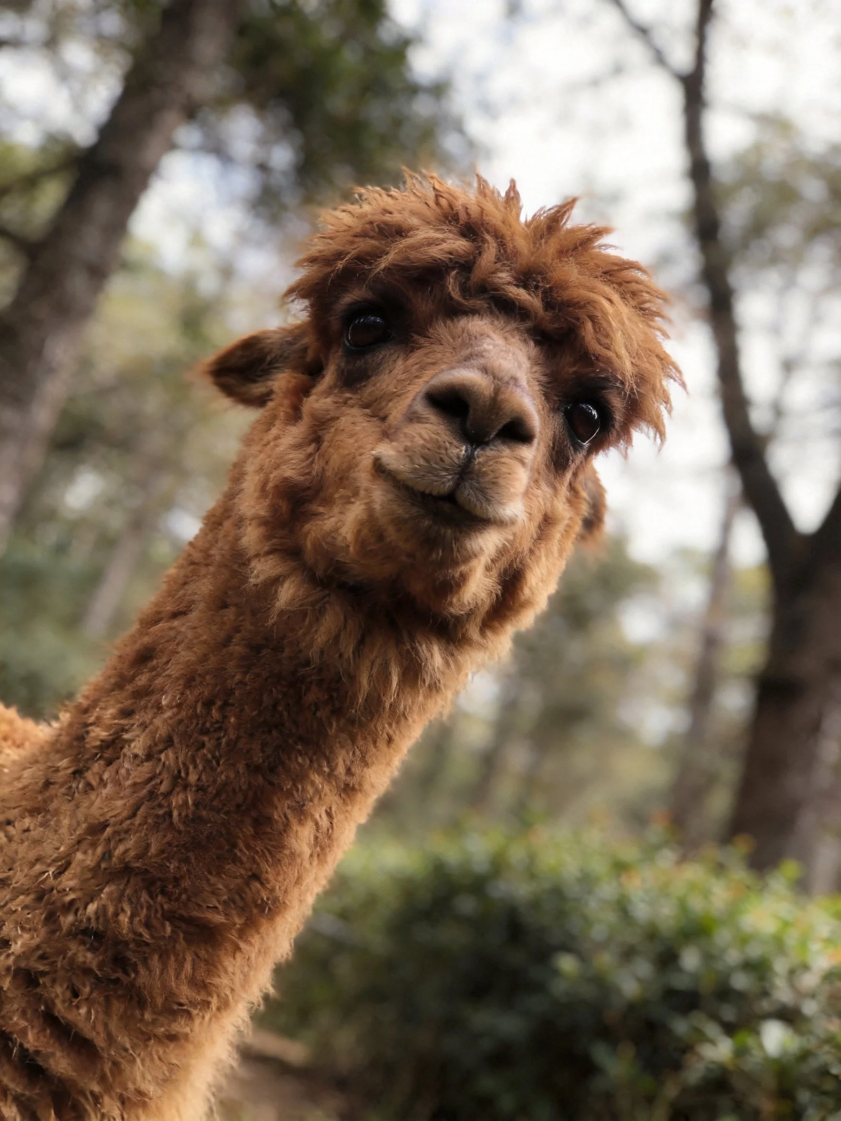 A brown alpaca with shaggy fur near trees