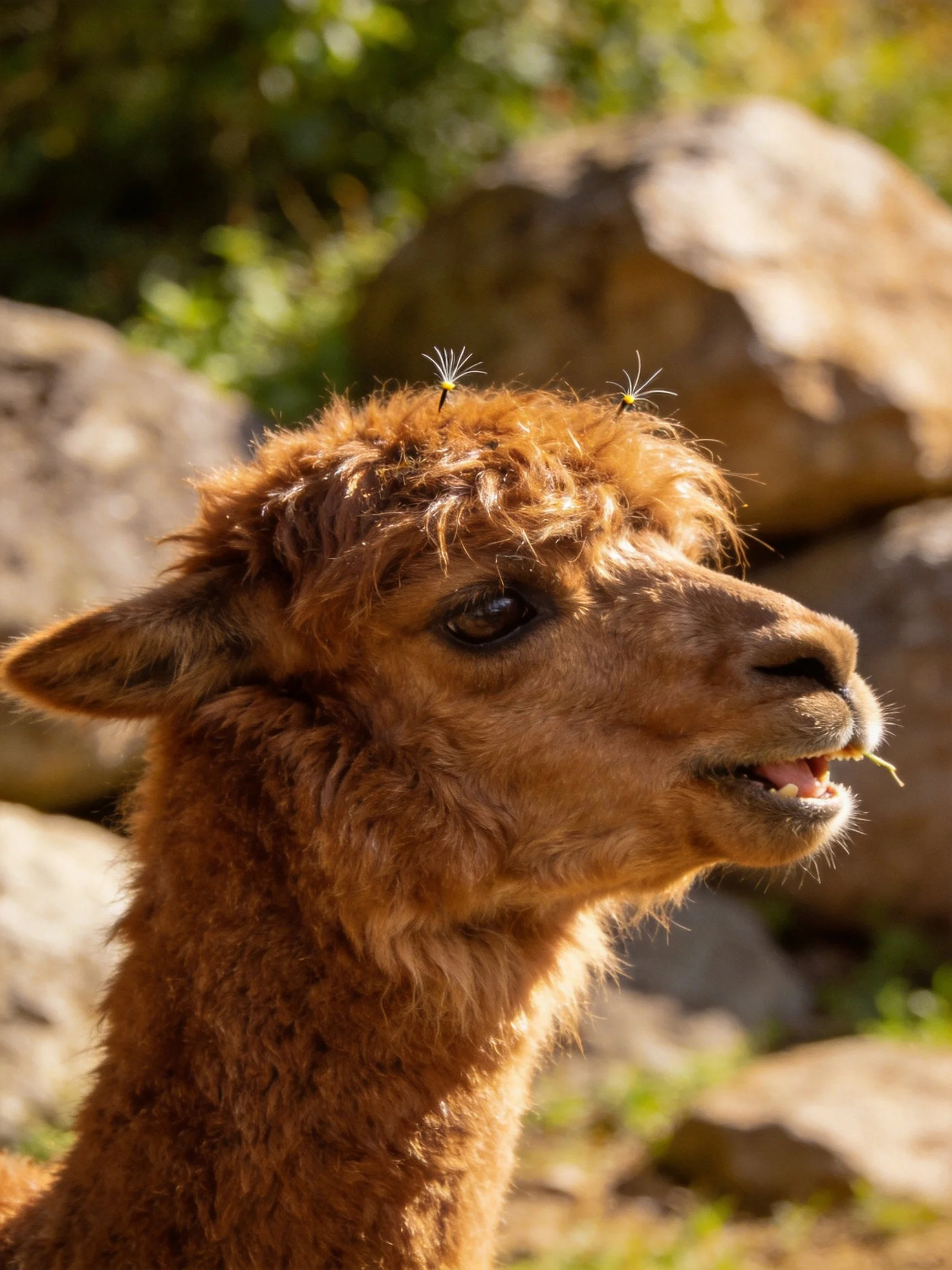 A brown alpaca with two insects on its head near large rocks