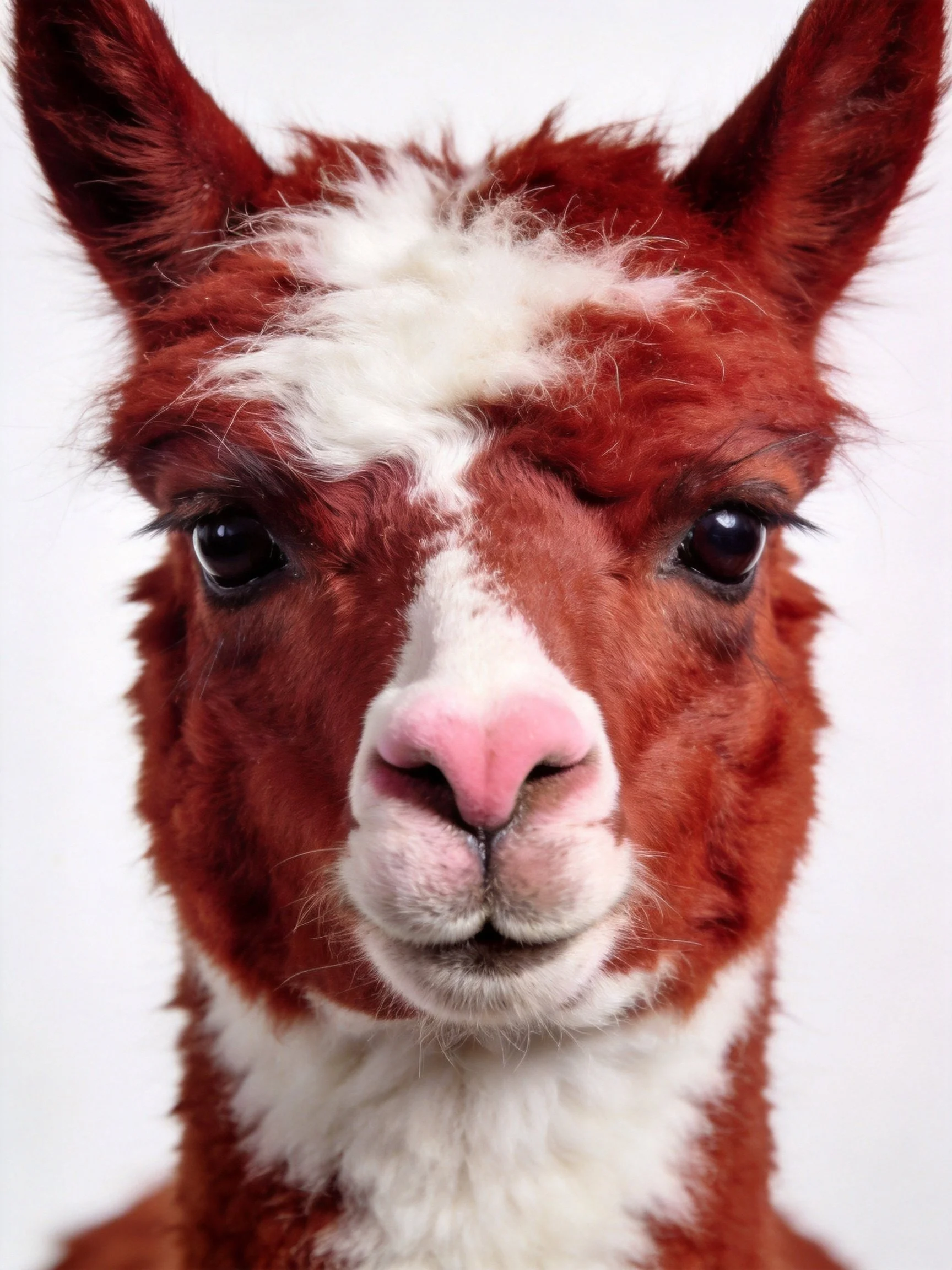 A brown and white alpaca with pink nose and distinctive markings