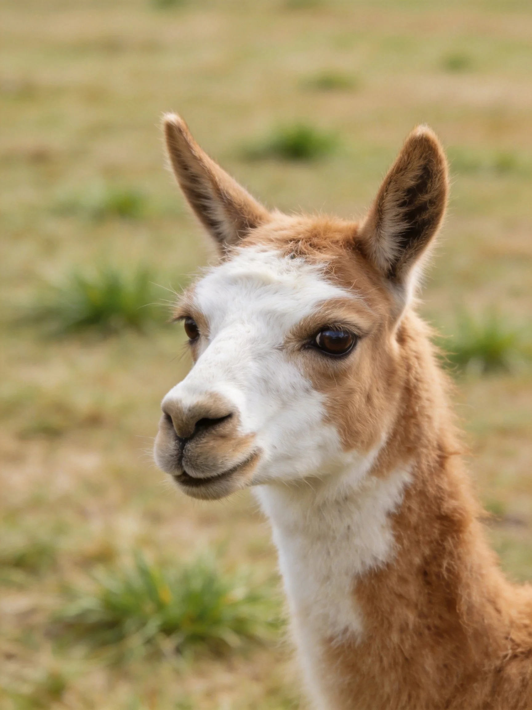 A brown and white baby llama stands in a sunny grassy field