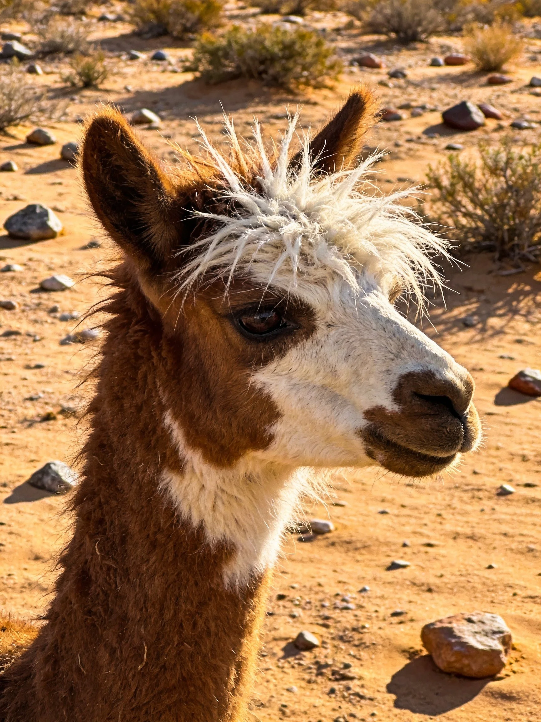 A brown and white llama in a rocky desert landscape