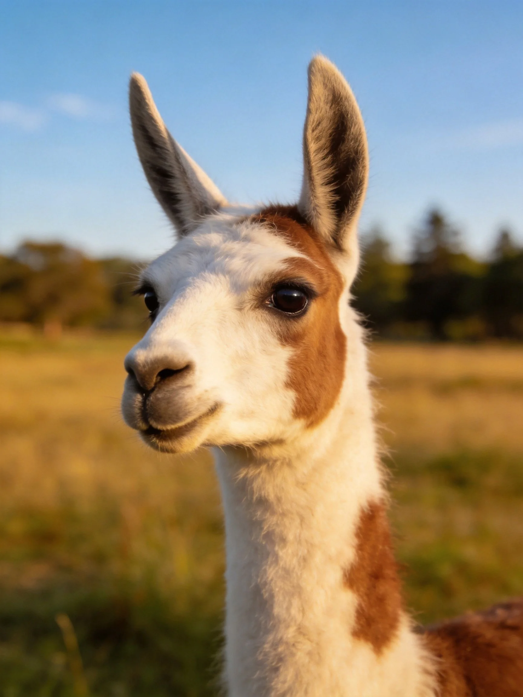 A brown and white llama appears calm in a sunlit open field.