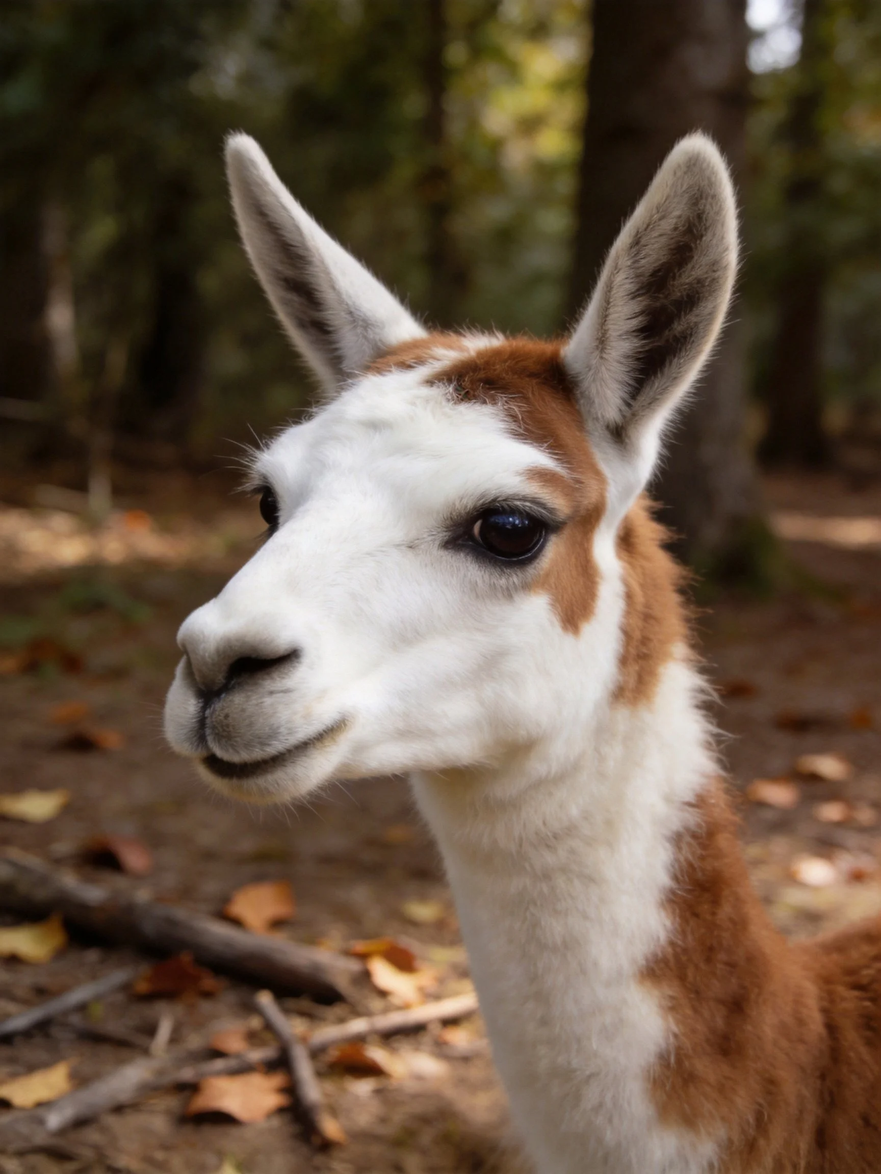 A brown and white llama in a wooded forest setting