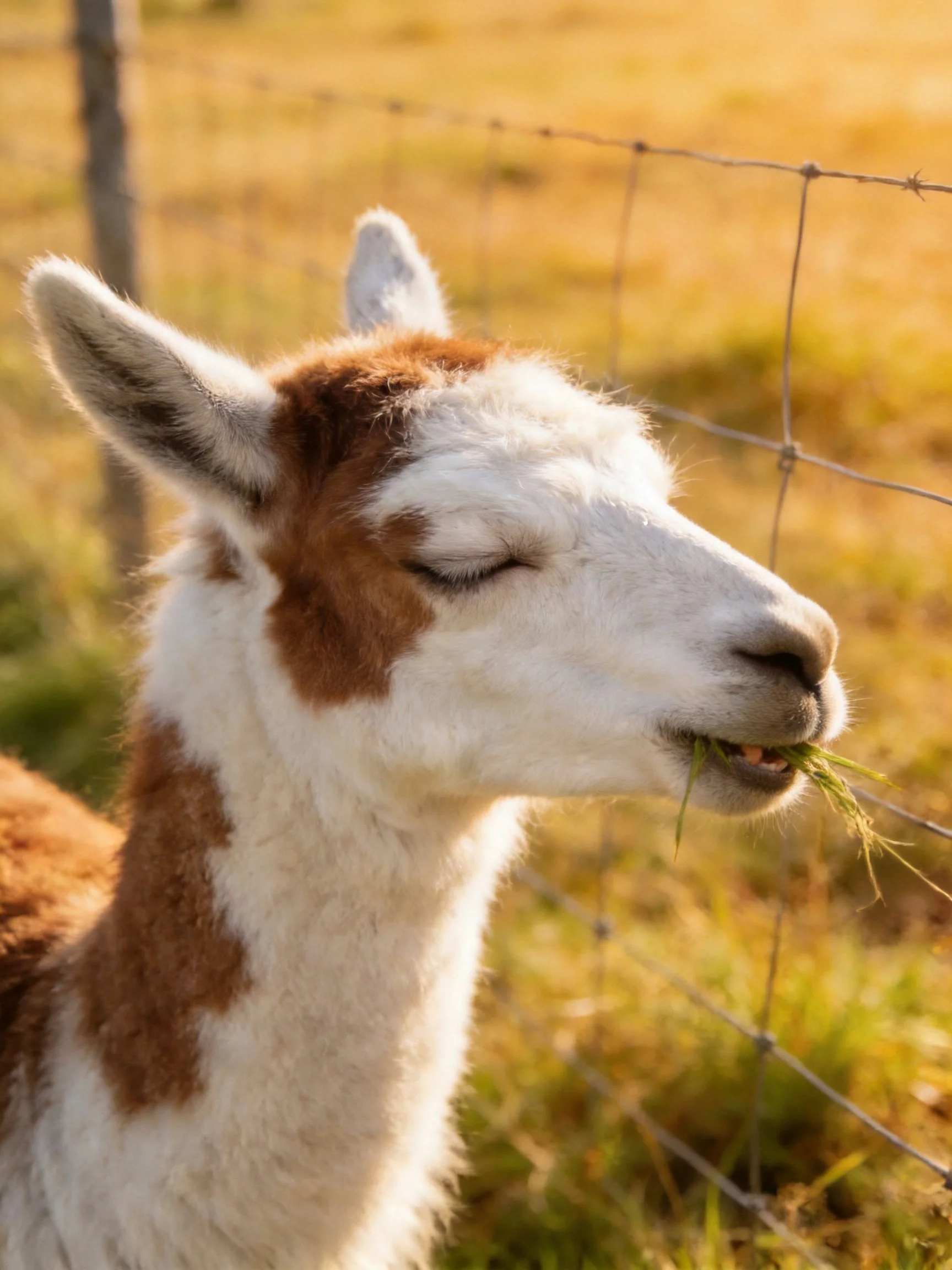 A brown-and-white llama munches grass near a barbed-wire fence in sunlit fields