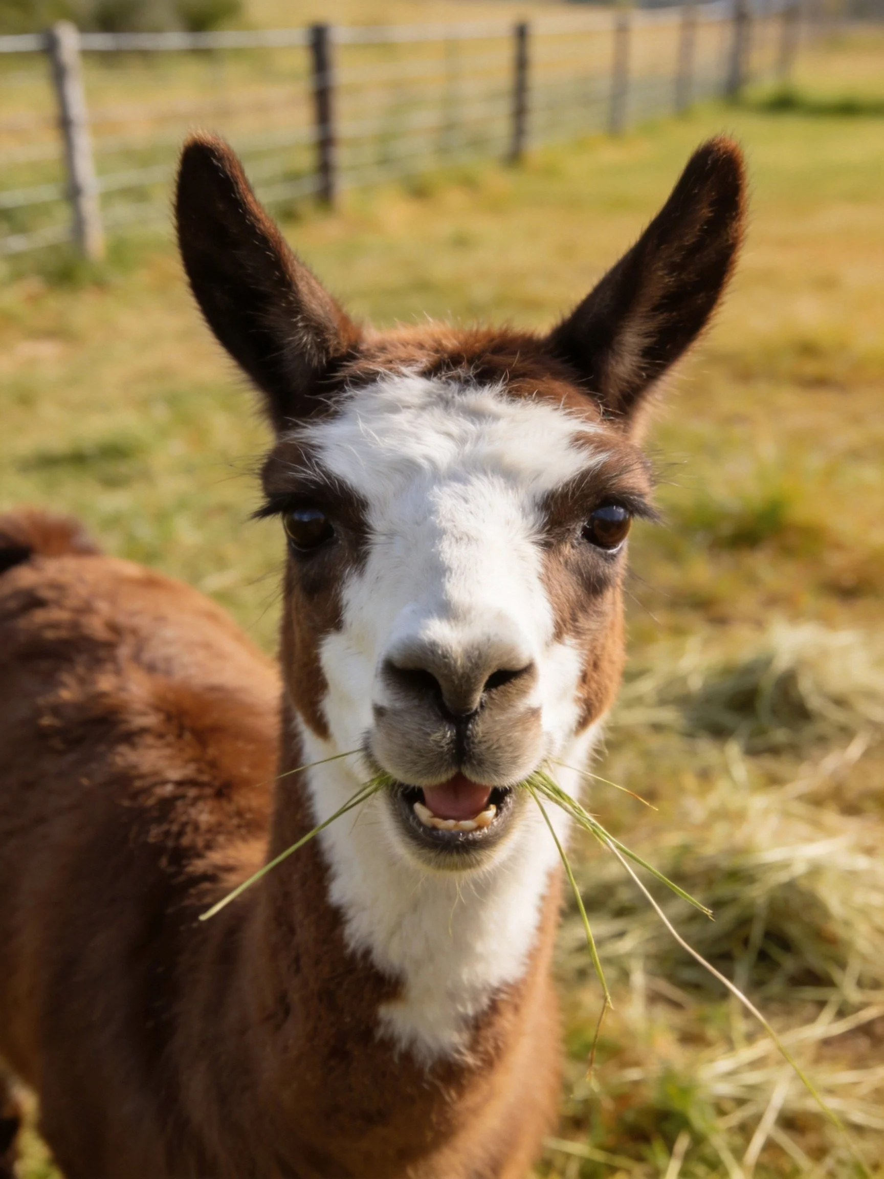 A brown and white llama munches hay in a fenced pasture