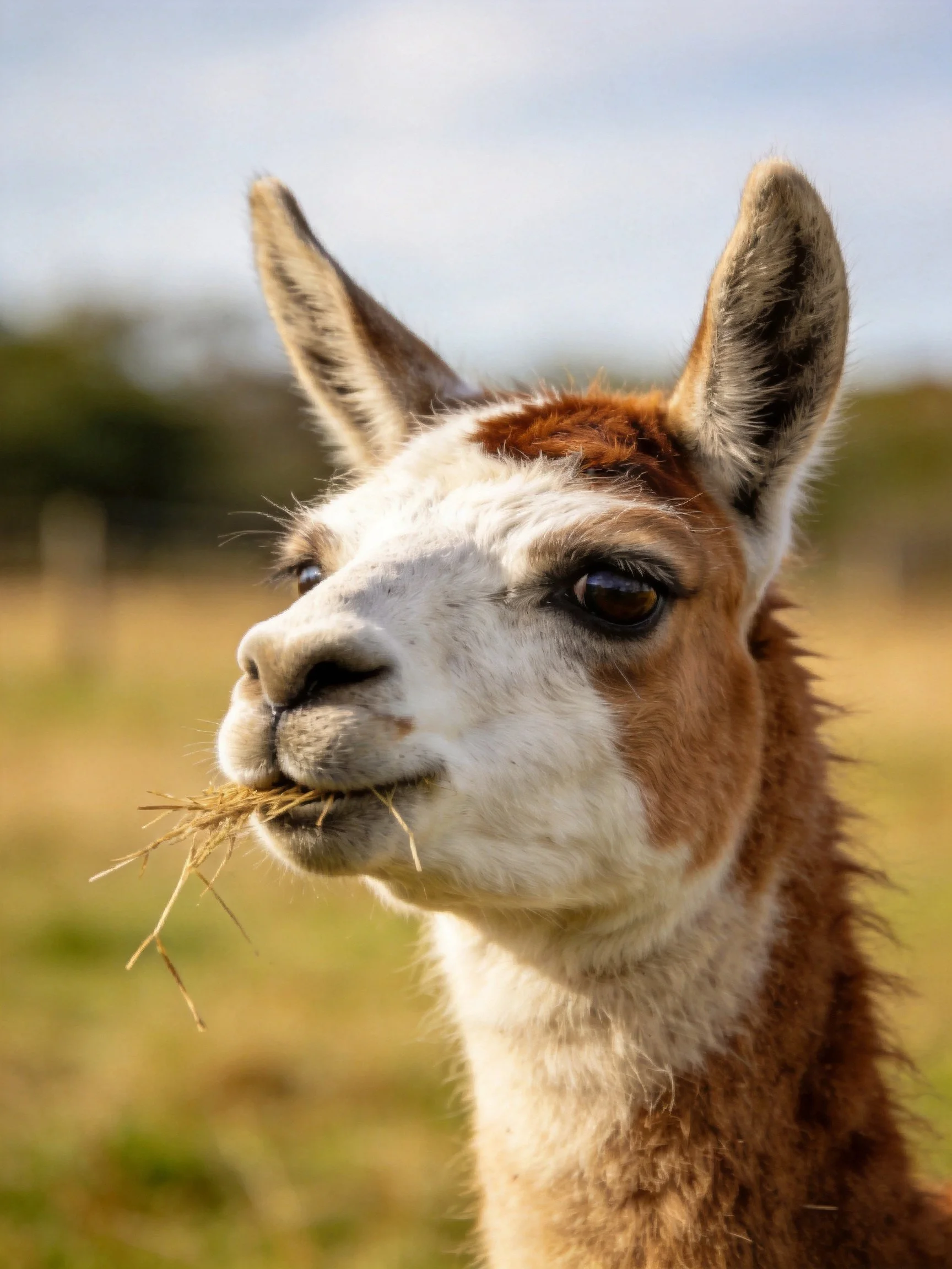 A brown and white llama munching hay in a sunny pasture