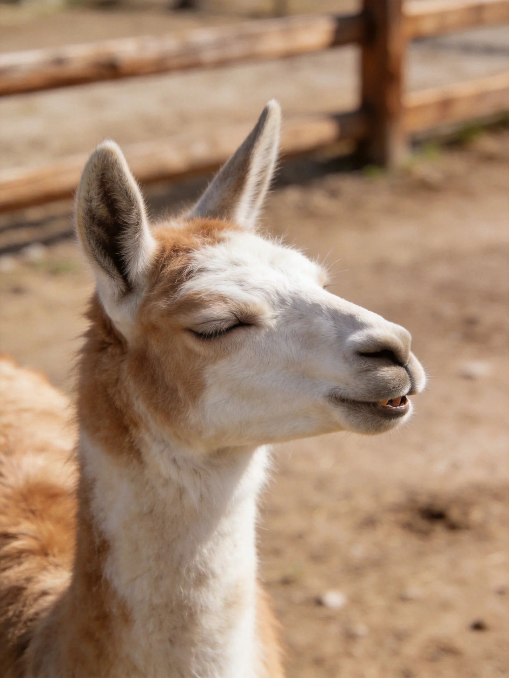 A brown and white llama near a wooden fence enclosure