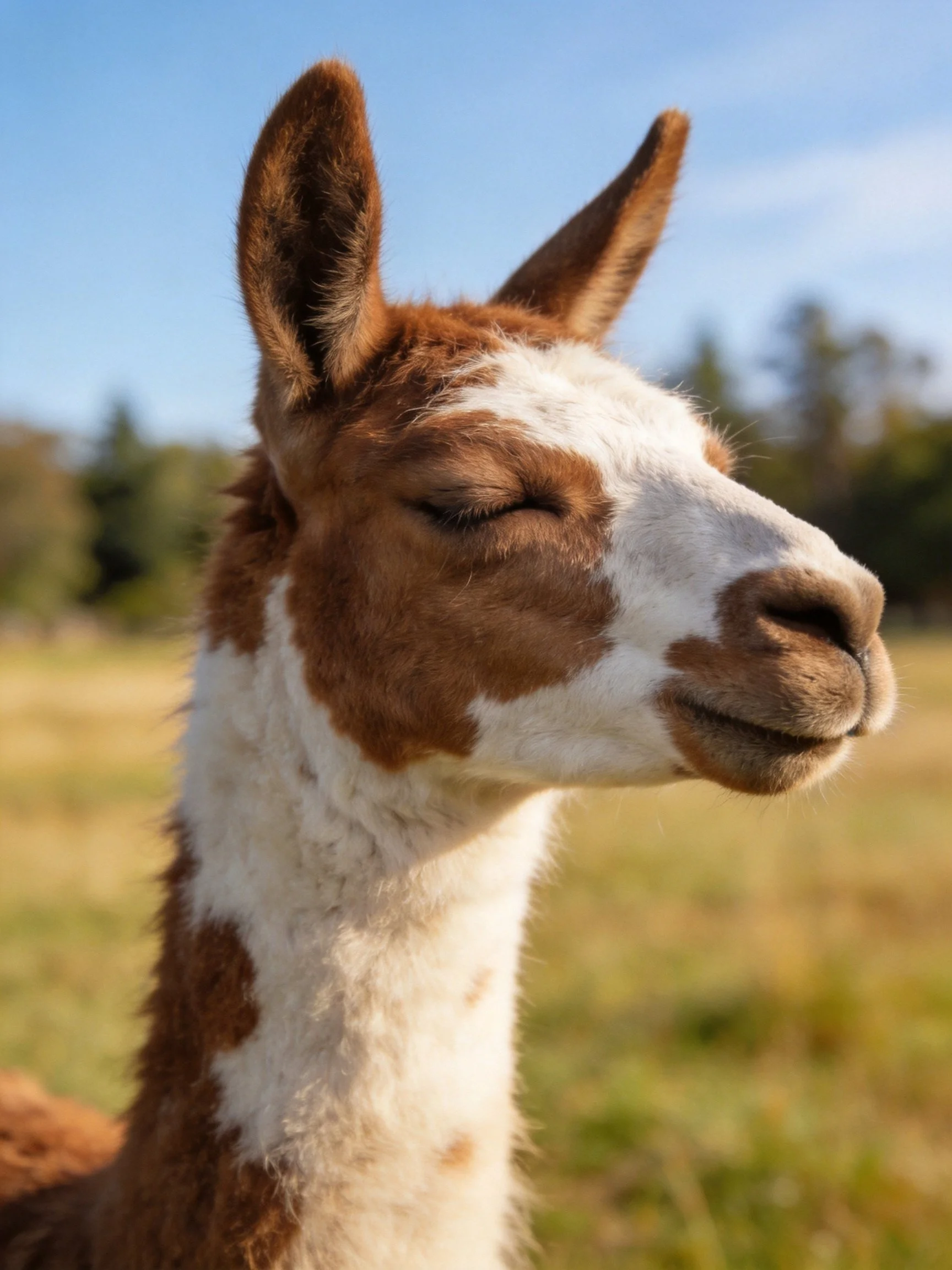 A brown and white llama relaxing in a sunlit open field