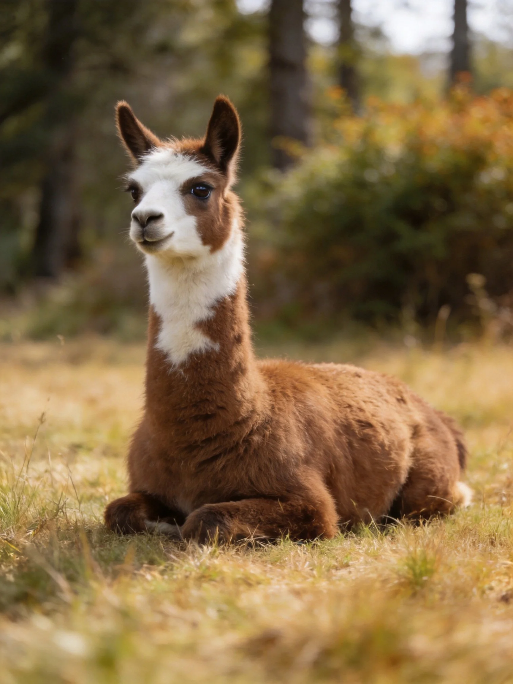 A brown and white llama rests in a sunlit grassy meadow