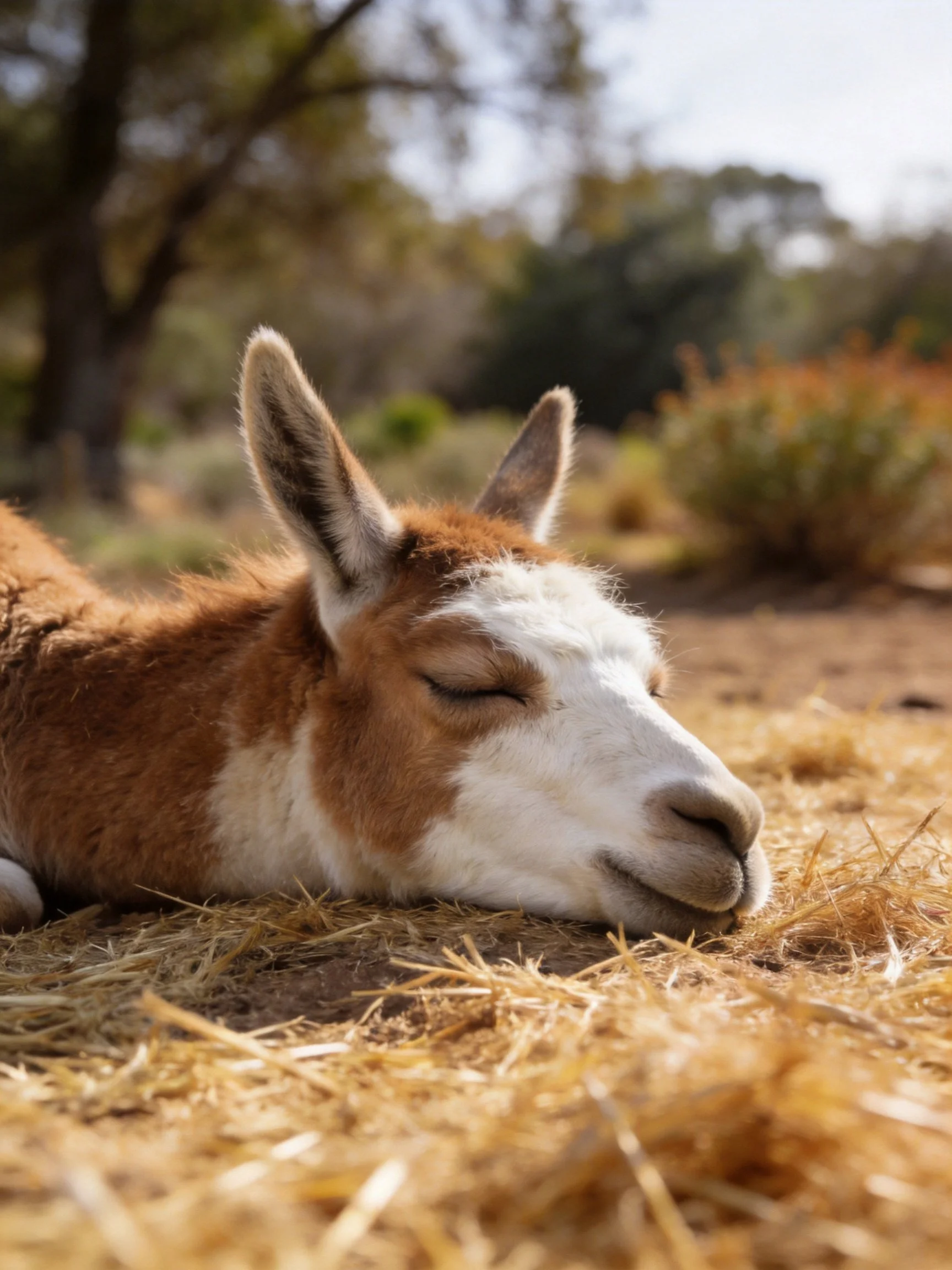 A brown and white llama rests on golden straw in a sunlit outdoor area