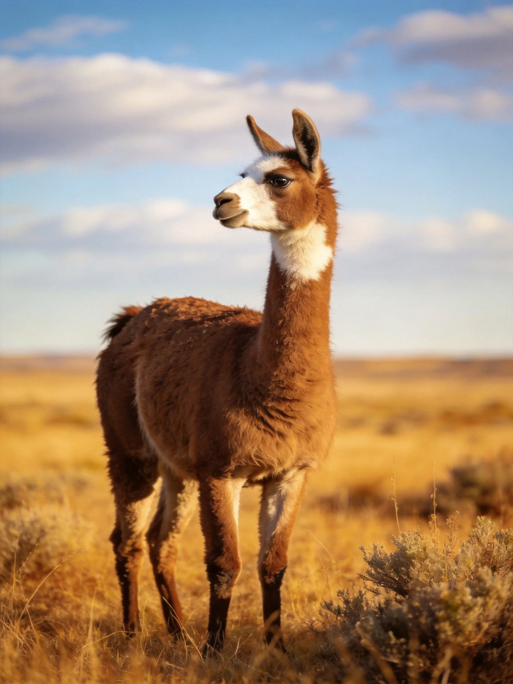 A brown and white llama stands in a golden field under a clear blue sky